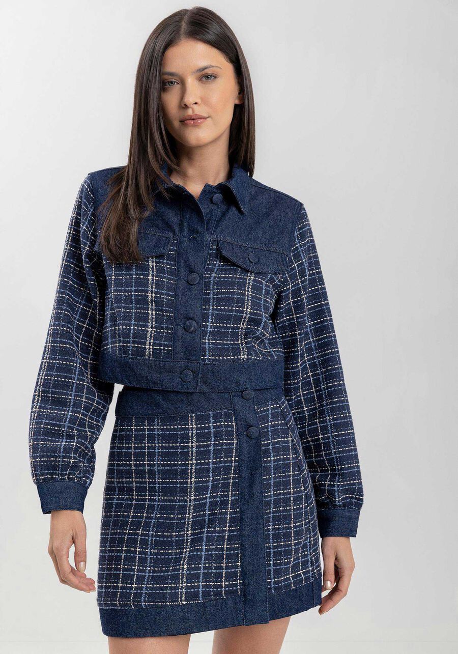 Saia Curta Jeans Com Cintura Alta E Padronagem Xadrez, . Saia Curta Jeans Com Cintura Alta E Padronagem Xadrez, , large.