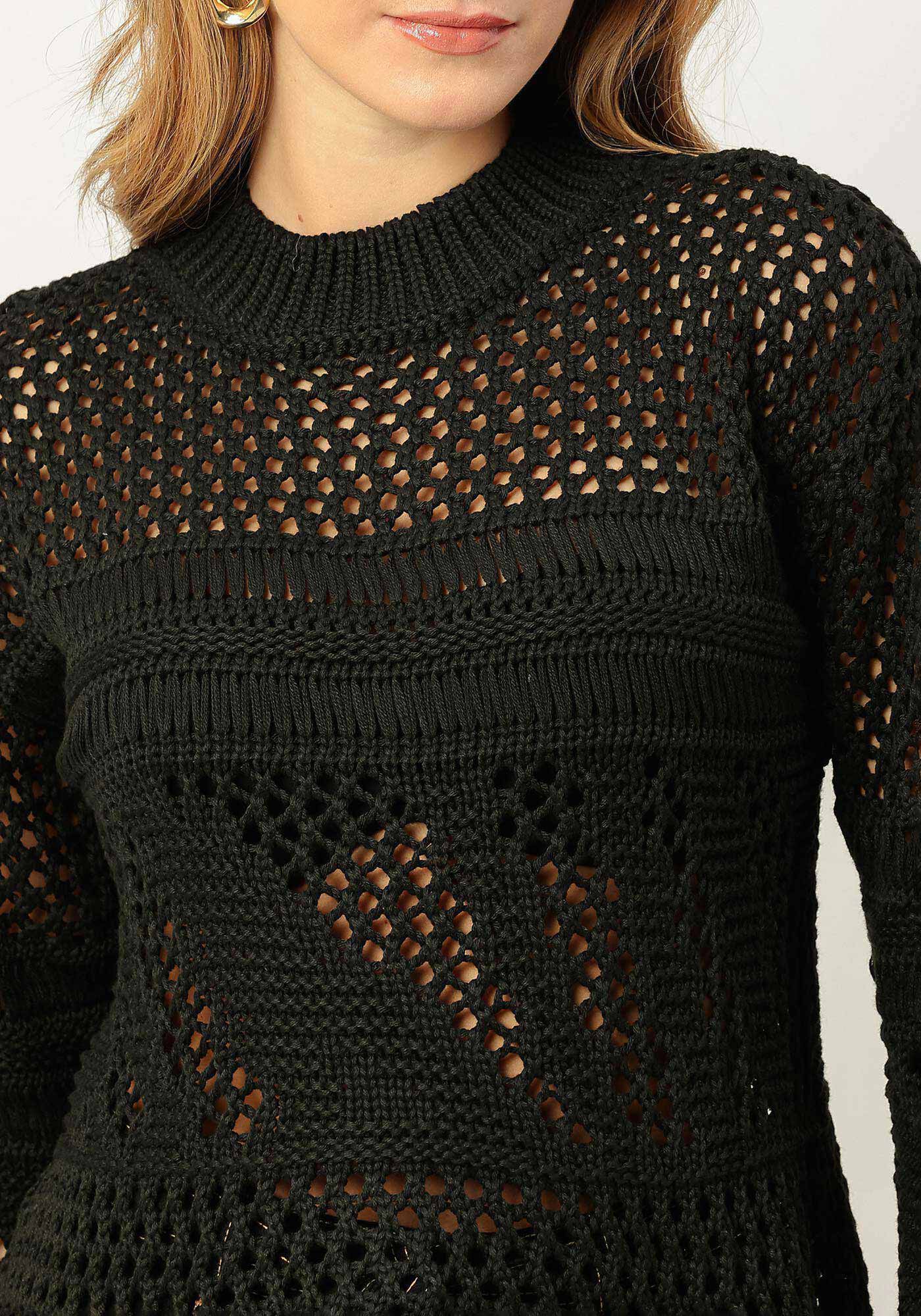 Blus&atilde;o em Tric&ocirc; Vazado com Detalhes Trama, , large.