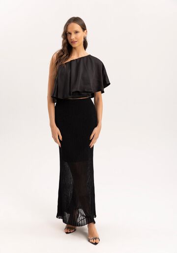 Saia Longa em Tricô Lurex com Cintura Alta, PRETO REATIVO. Saia Longa em Tricô Lurex com Cintura Alta, PRETO REATIVO, large.