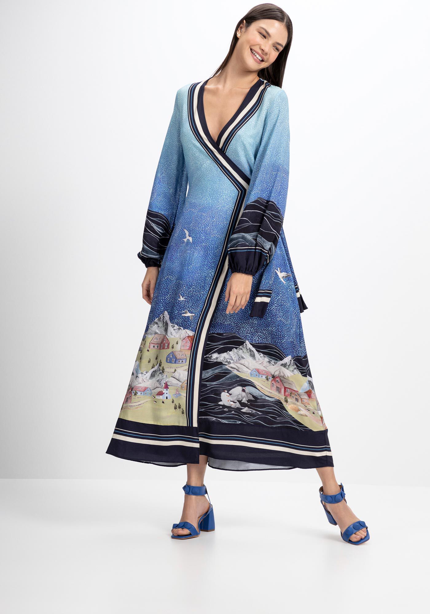 Vestido Midi Manga Longa em Viscose Transpassado, , large.