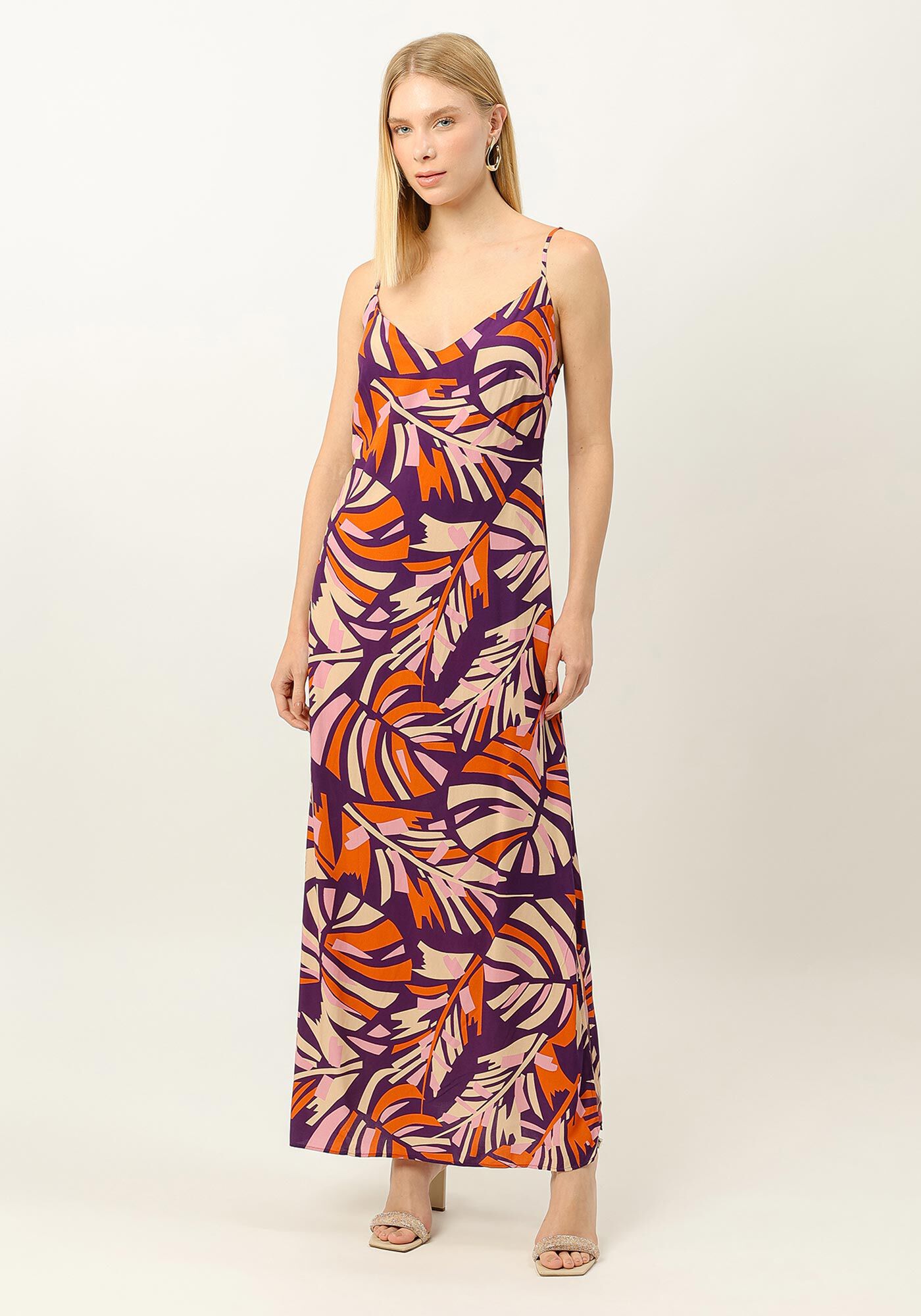 Vestido Midi Estampado em Viscose com Decote V, , large.