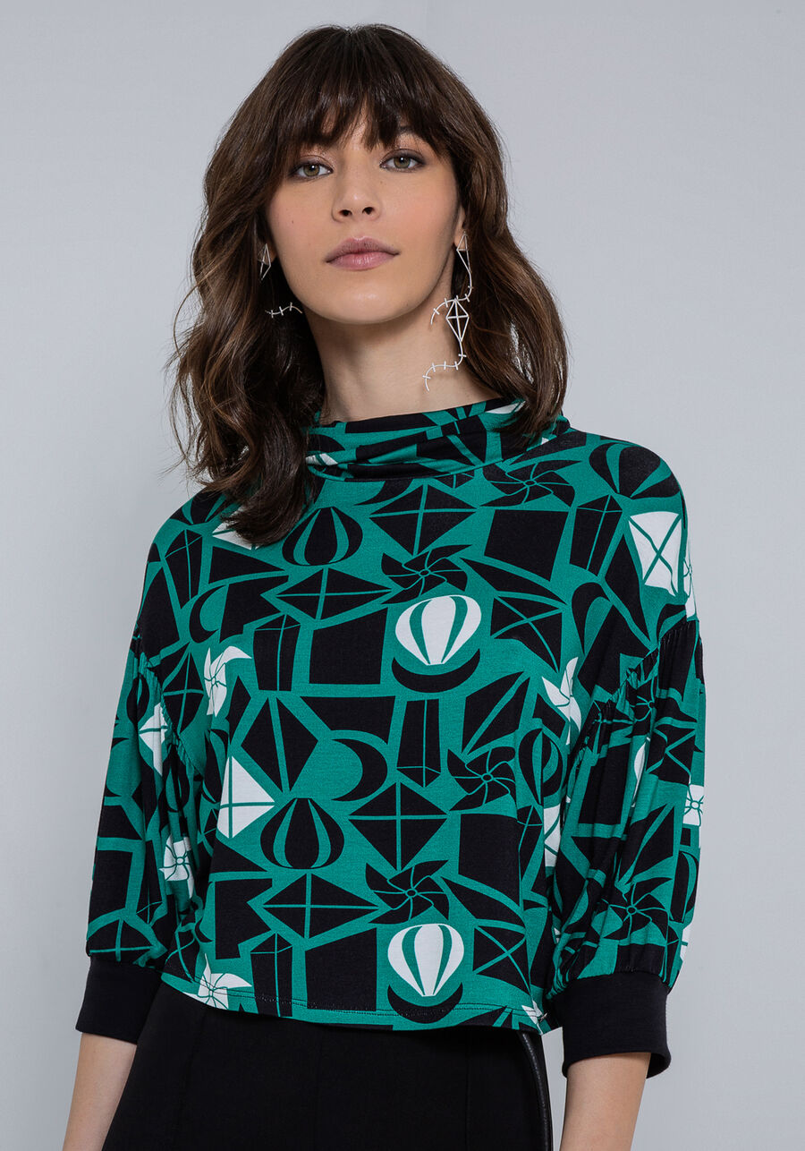 Blusa Manga 3/4 em Malha Estampada com Gola, FRAGMENTOS DE SONHOS. Blusa Manga 3/4 em Malha Estampada com Gola, FRAGMENTOS DE SONHOS, large.