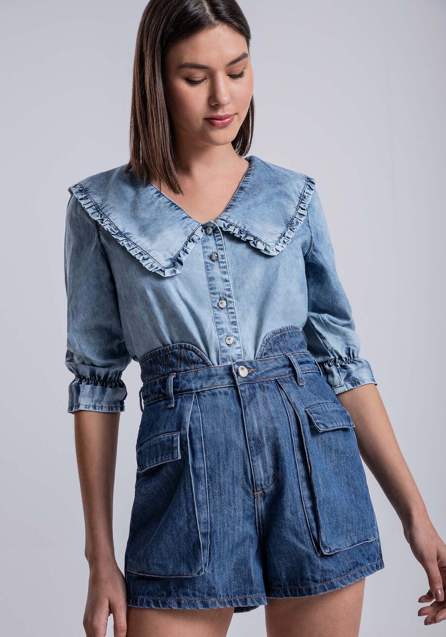 Shorts Jeans Cargo com Detalhe Cós, JEANS. Shorts Jeans Cargo com Detalhe Cós, JEANS, large.