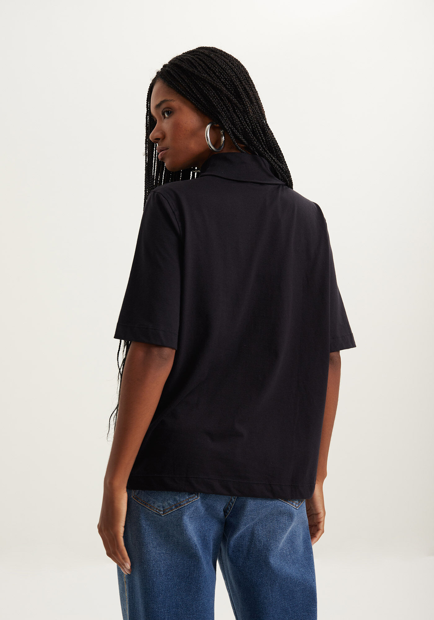 Blusa T-shirt Com Gola Alta Em Malha De Algod&atilde;o Penteado, , large.