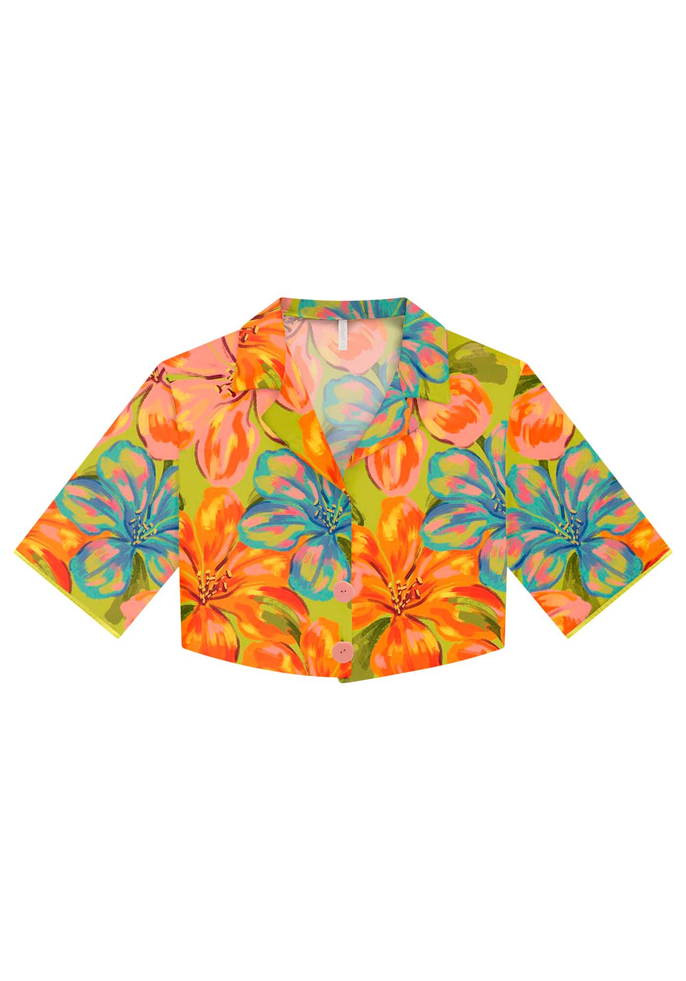 Camisa Cropped Ampla em Viscose Estampada, , large.