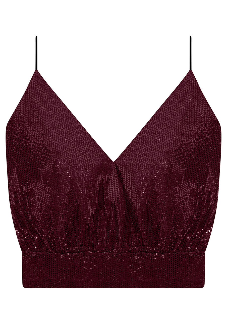 Blusa Cropped de Alça Fina Paetê Glam, . Blusa Cropped de Alça Fina Paetê Glam, , large.