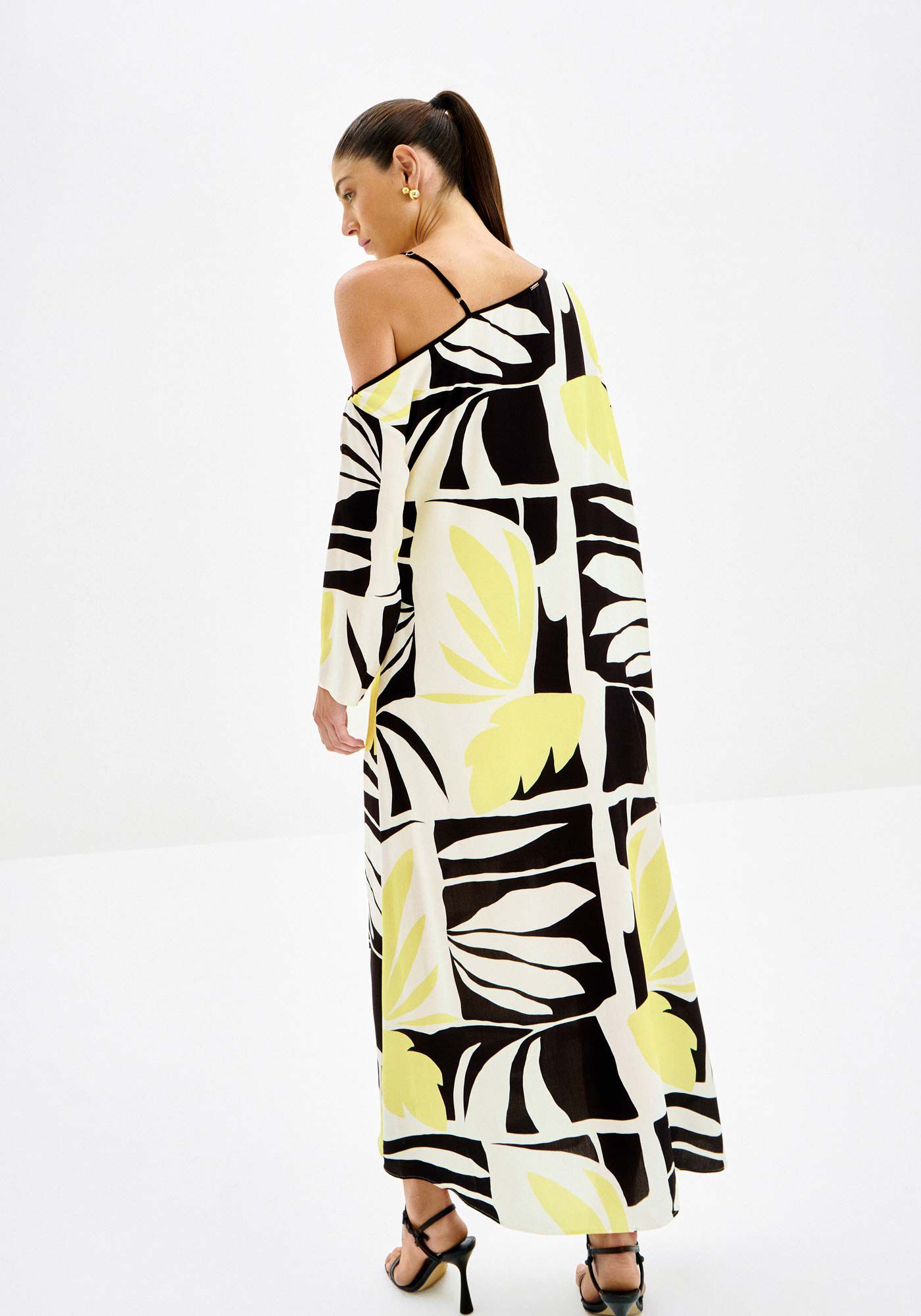 Vestido Midi Estampado com Decote Assim&eacute;trico, LENCO, large.