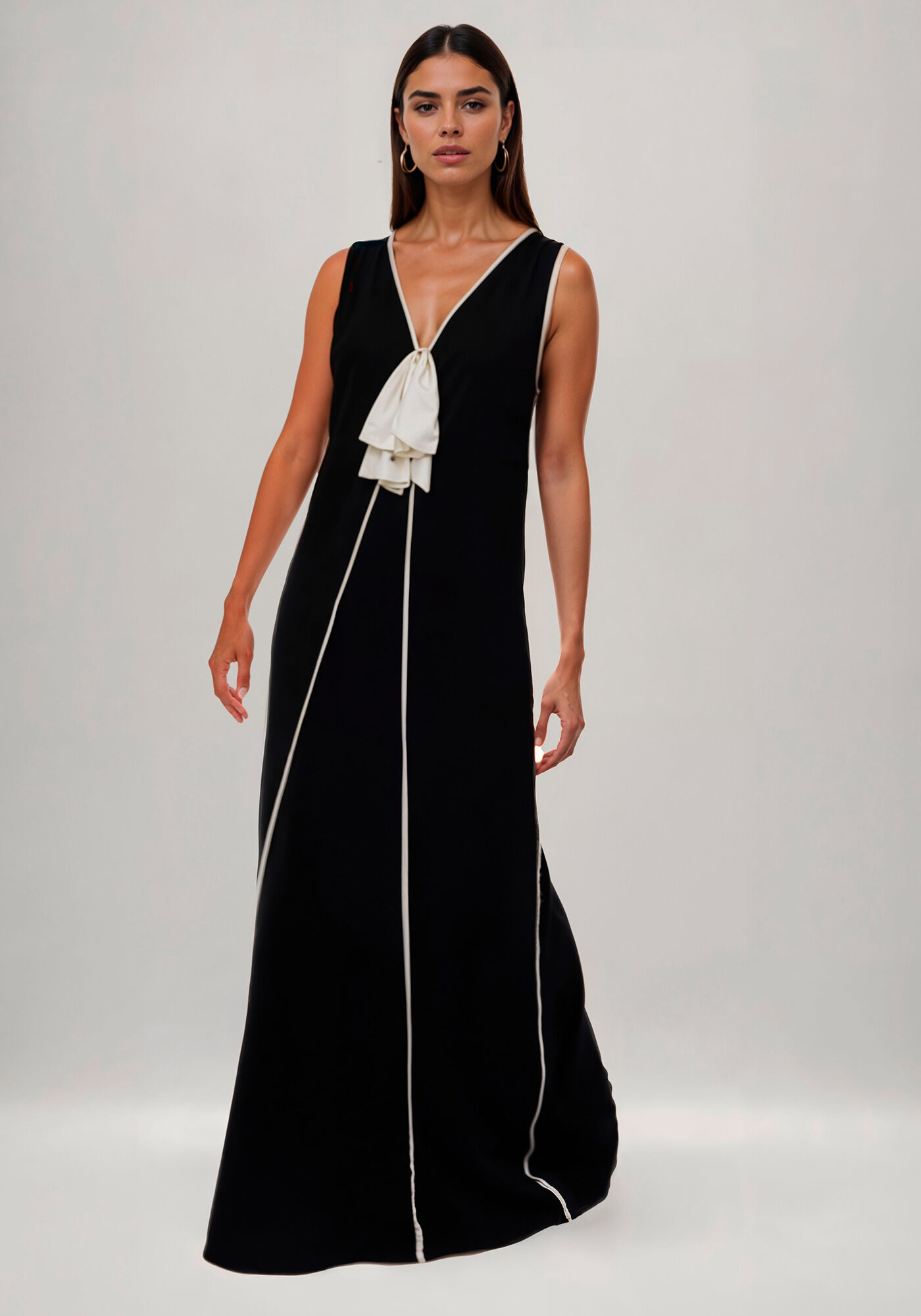 Vestido Longo Bicolor em Crepe com La&ccedil;o, , large.