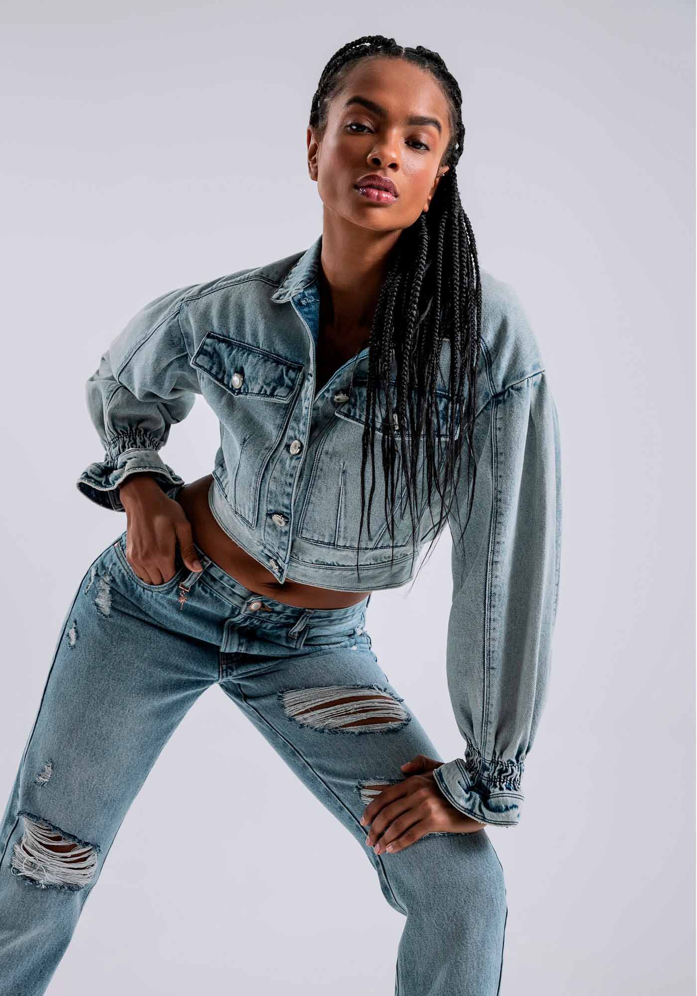 Jaqueta jeans com manga de sales tule