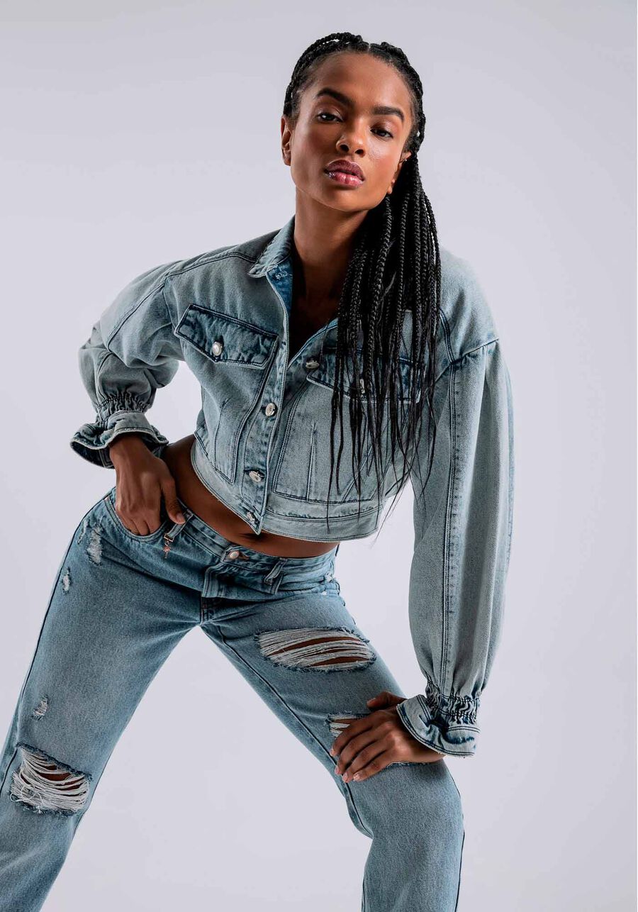 Jaqueta Jeans Cropped com Babado Mangas, . Jaqueta Jeans Cropped com Babado Mangas, , large.