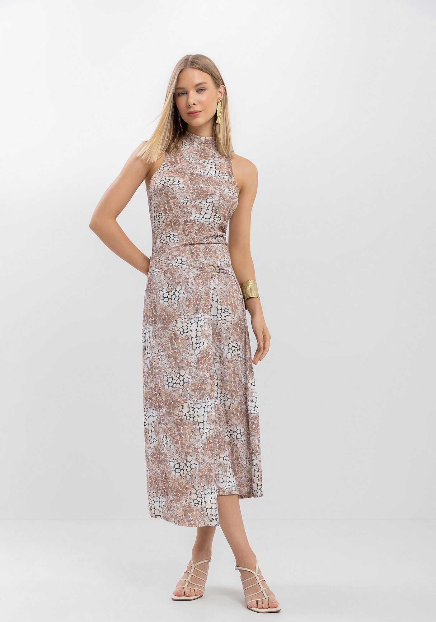 Blusa Estampada Sem Mangas Com Gola Alta Em Malha Canelada, SKIN MARROM, large.