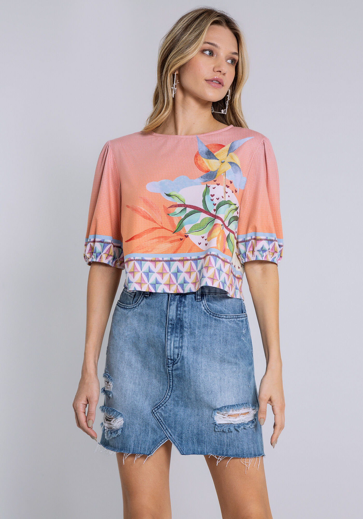 Blusa Cropped Ampla em Malha com Manga Bufante, LUDICA, large.