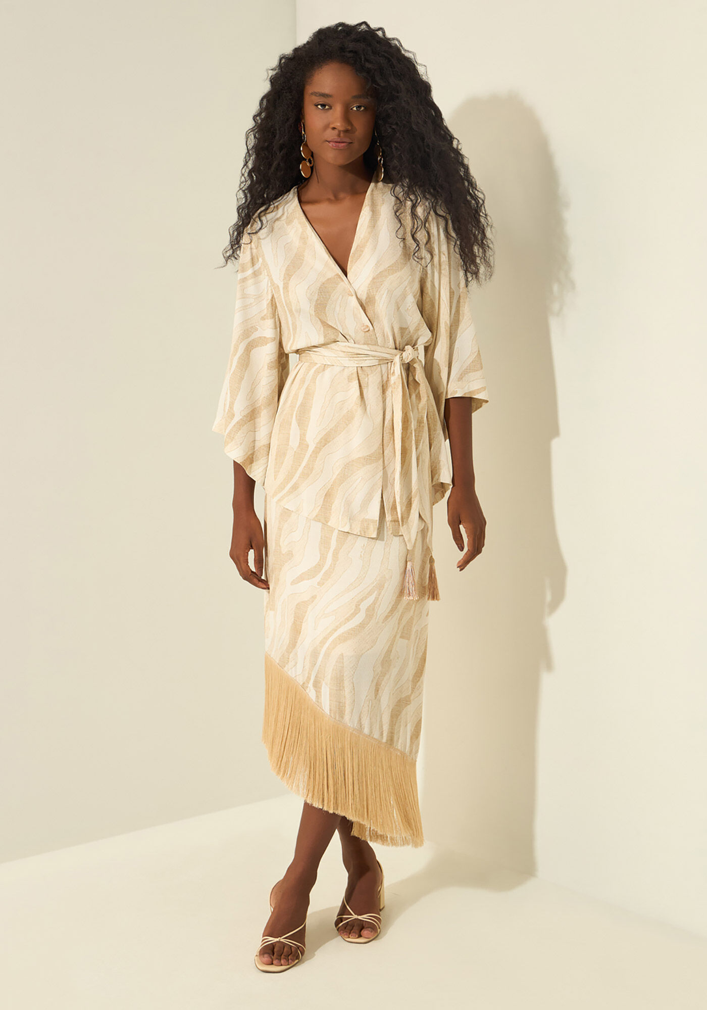 Kaftan Estampado Com Mangas 3/4, NATURAL BEGE, large.