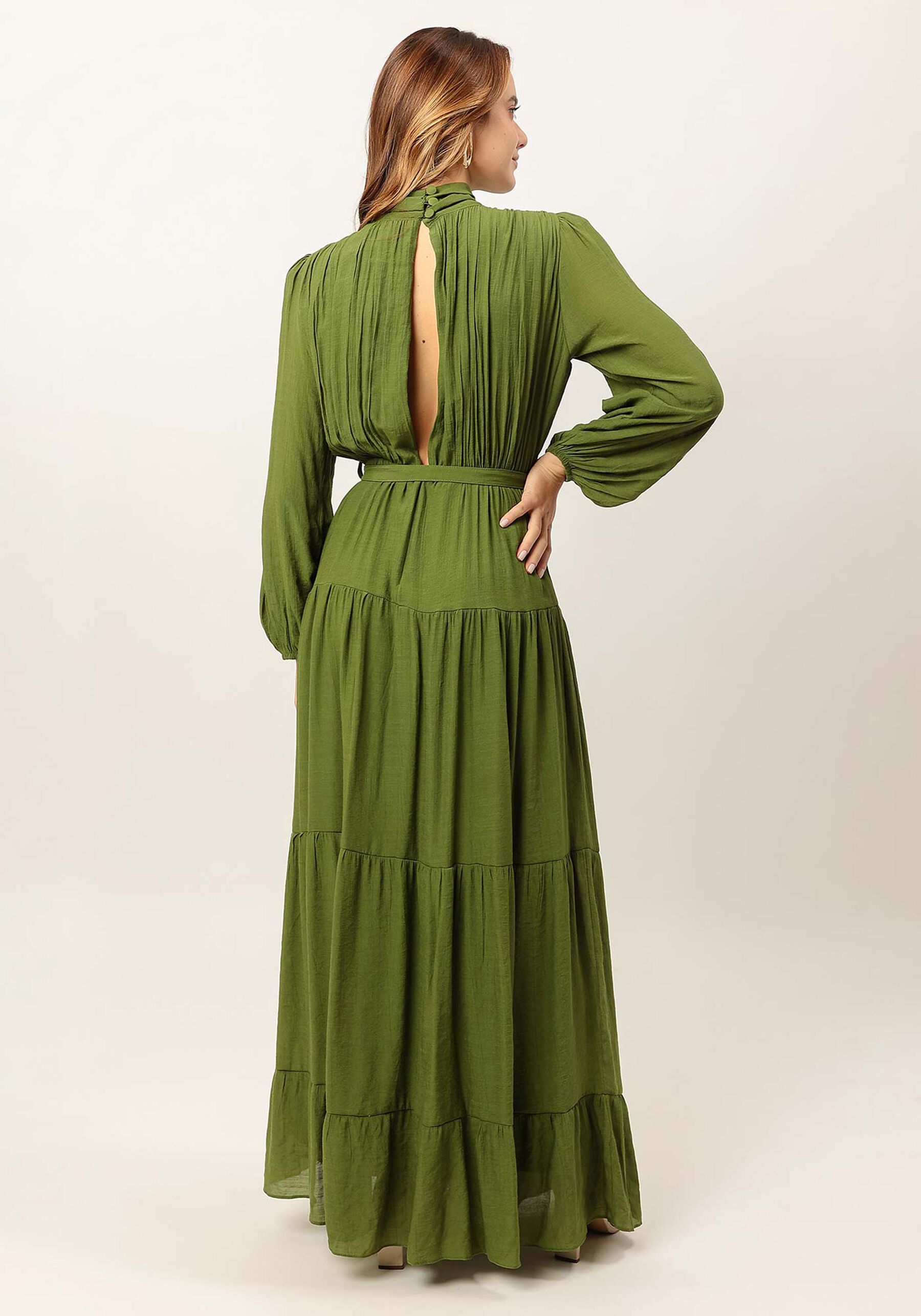 Vestido Longo Gola Alta em Shantung com Cinto, . Vestido Longo Gola Alta em Shantung com Cinto, , large.