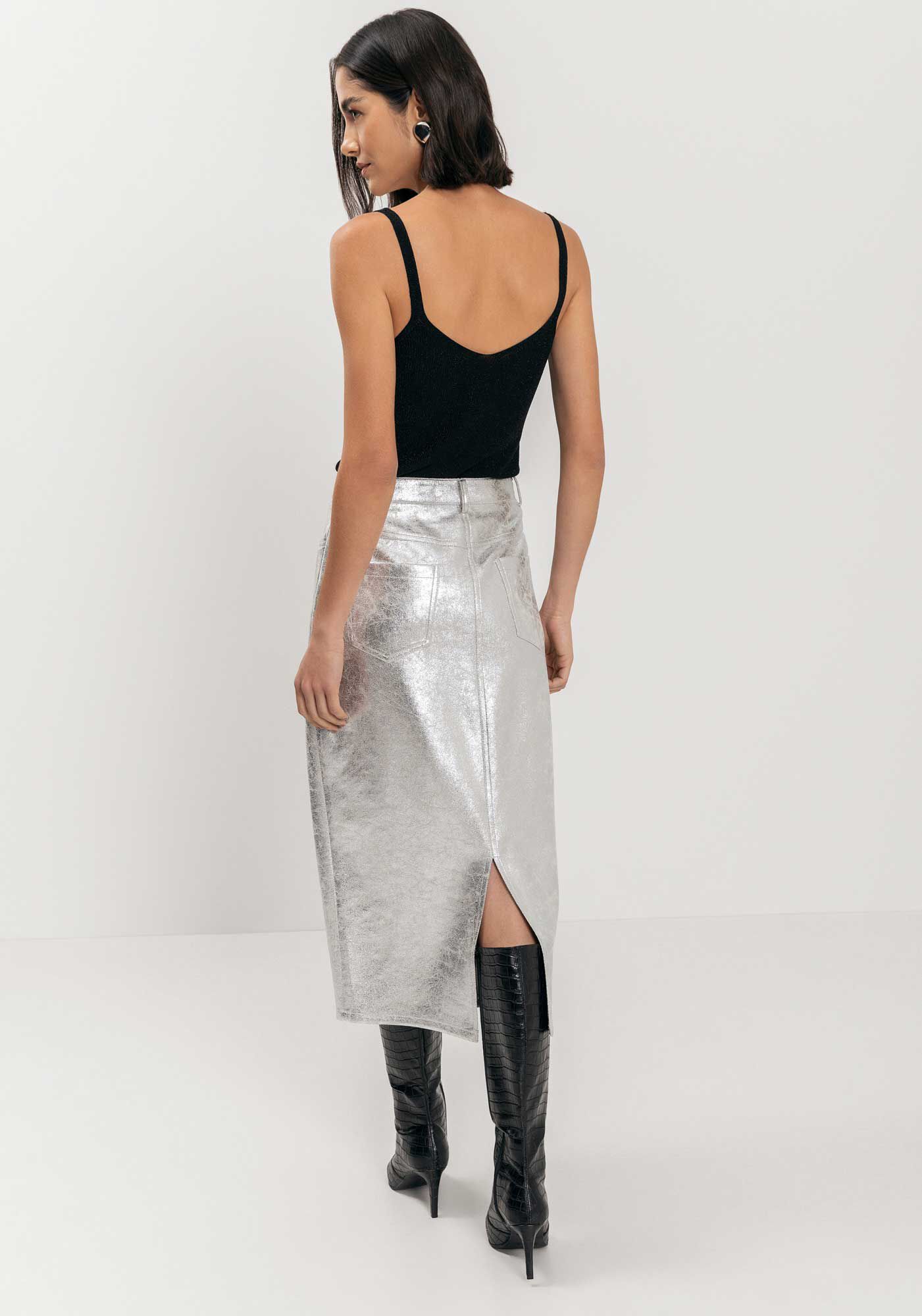 Saia Ch&aacute; Com Cintura M&eacute;dia Em Suede Metalizado, , large.