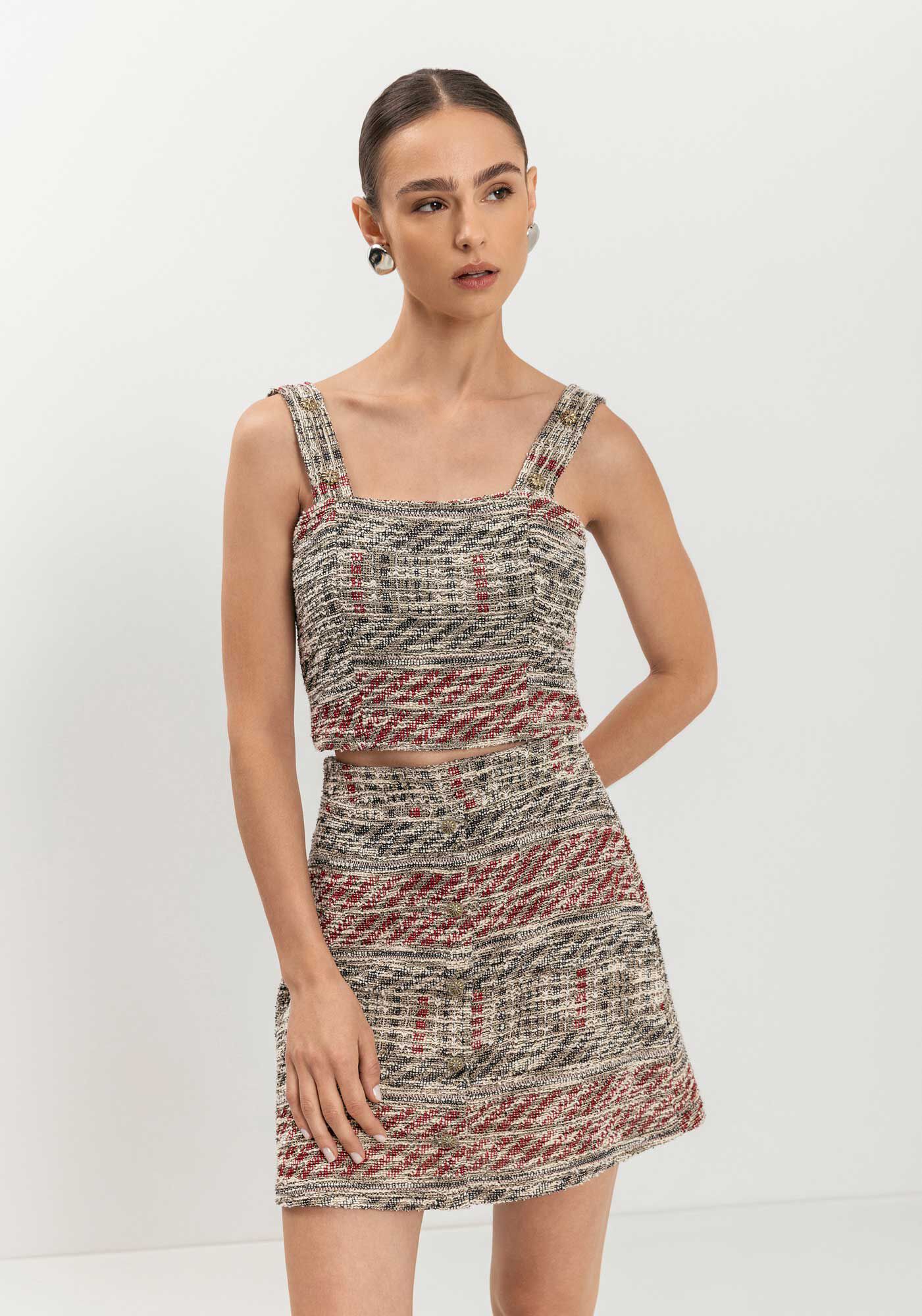 Saia Curta De Cintura Alta Com Bot&otilde;es Em Tweed, , large.