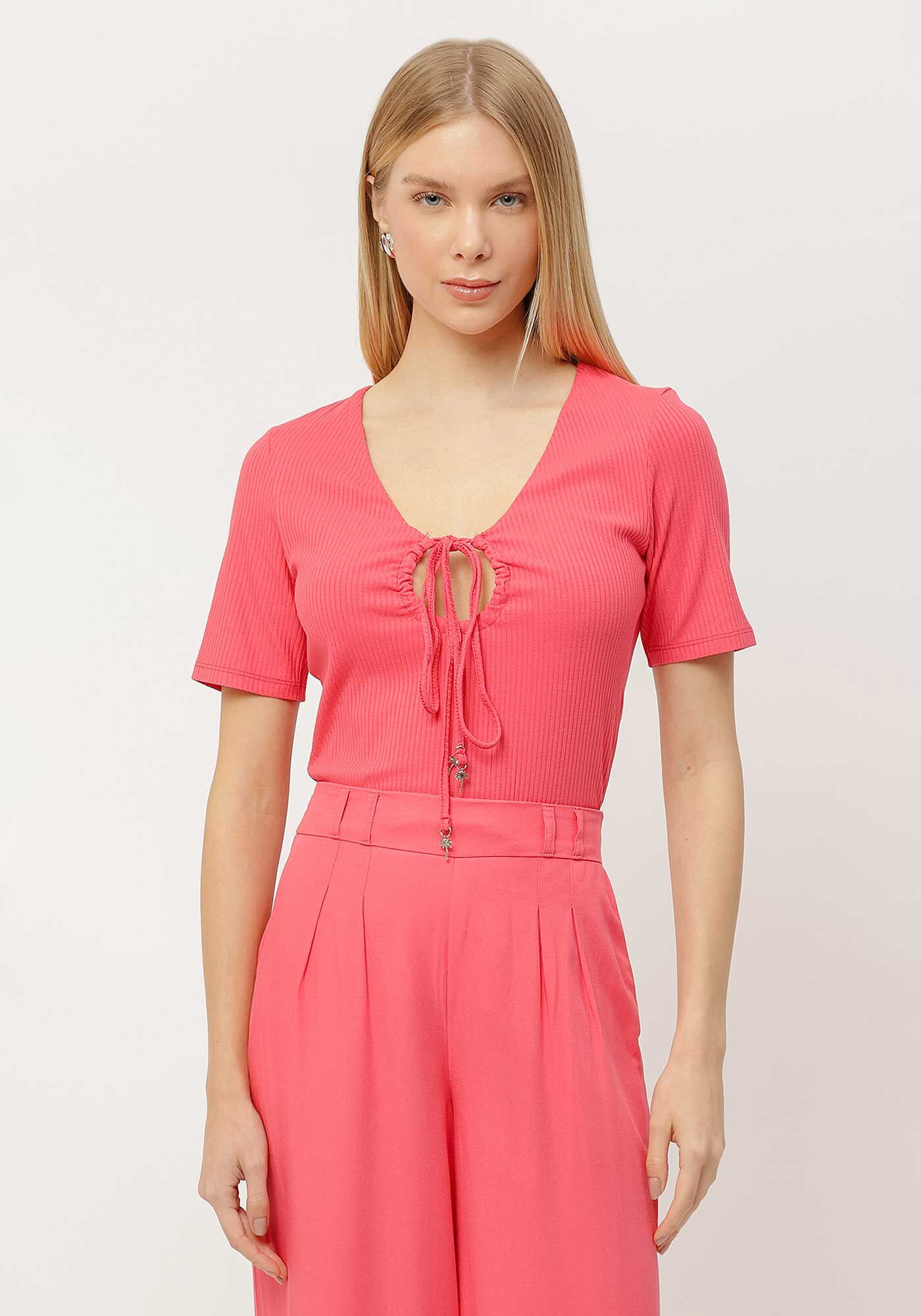 Blusa Canelada com Amarra&ccedil;&atilde;o Decote, ROSA CARACAS, large.
