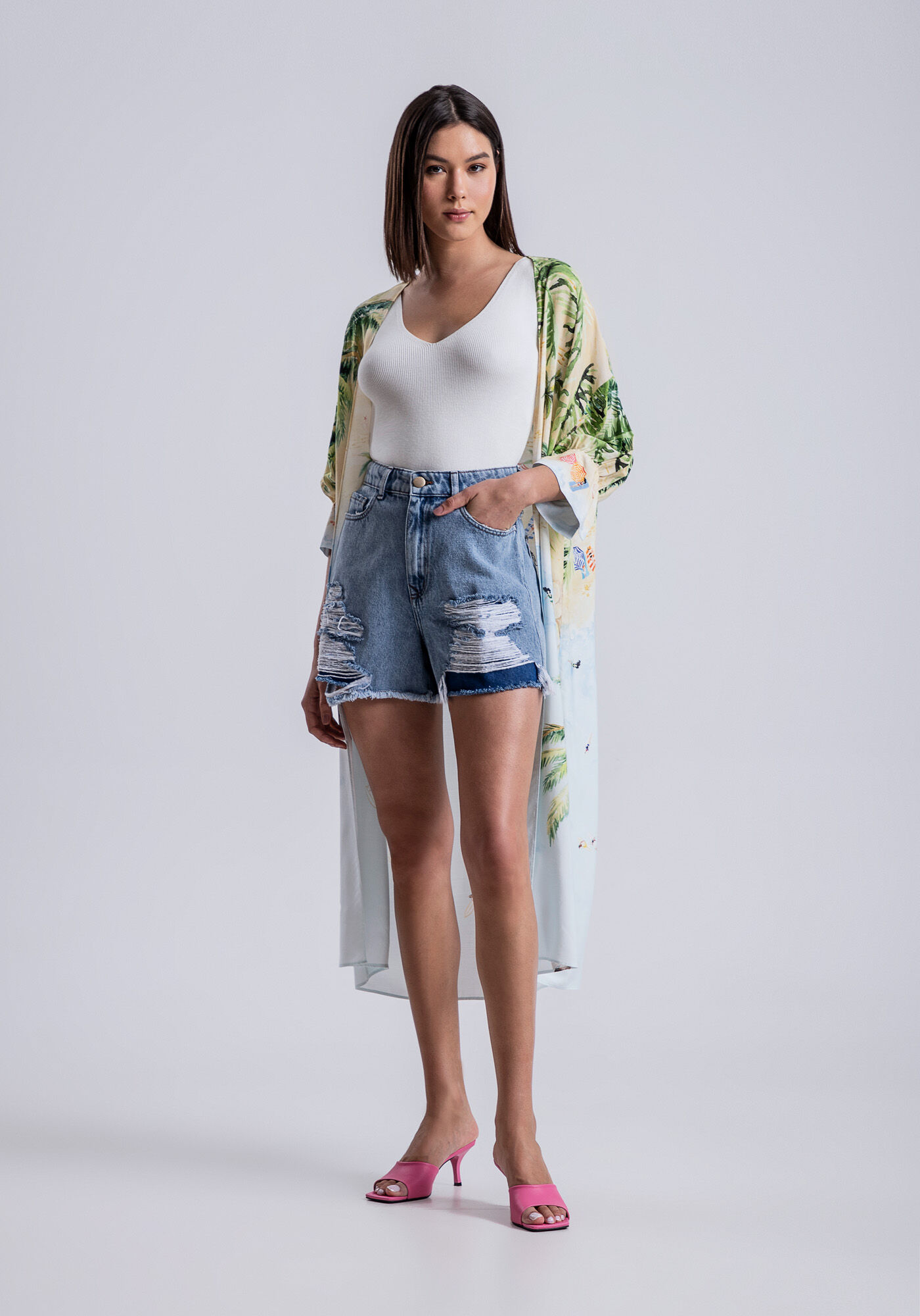 Kimono Alongado Manga 3/4 em Viscose com Cinto, ITACARE, large.