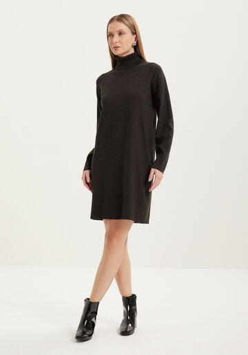 Vestido Curto De Mangas Longas Com Gola Alta Em Tricô, PRETO REATIVO. Vestido Curto De Mangas Longas Com Gola Alta Em Tricô, PRETO REATIVO, large.