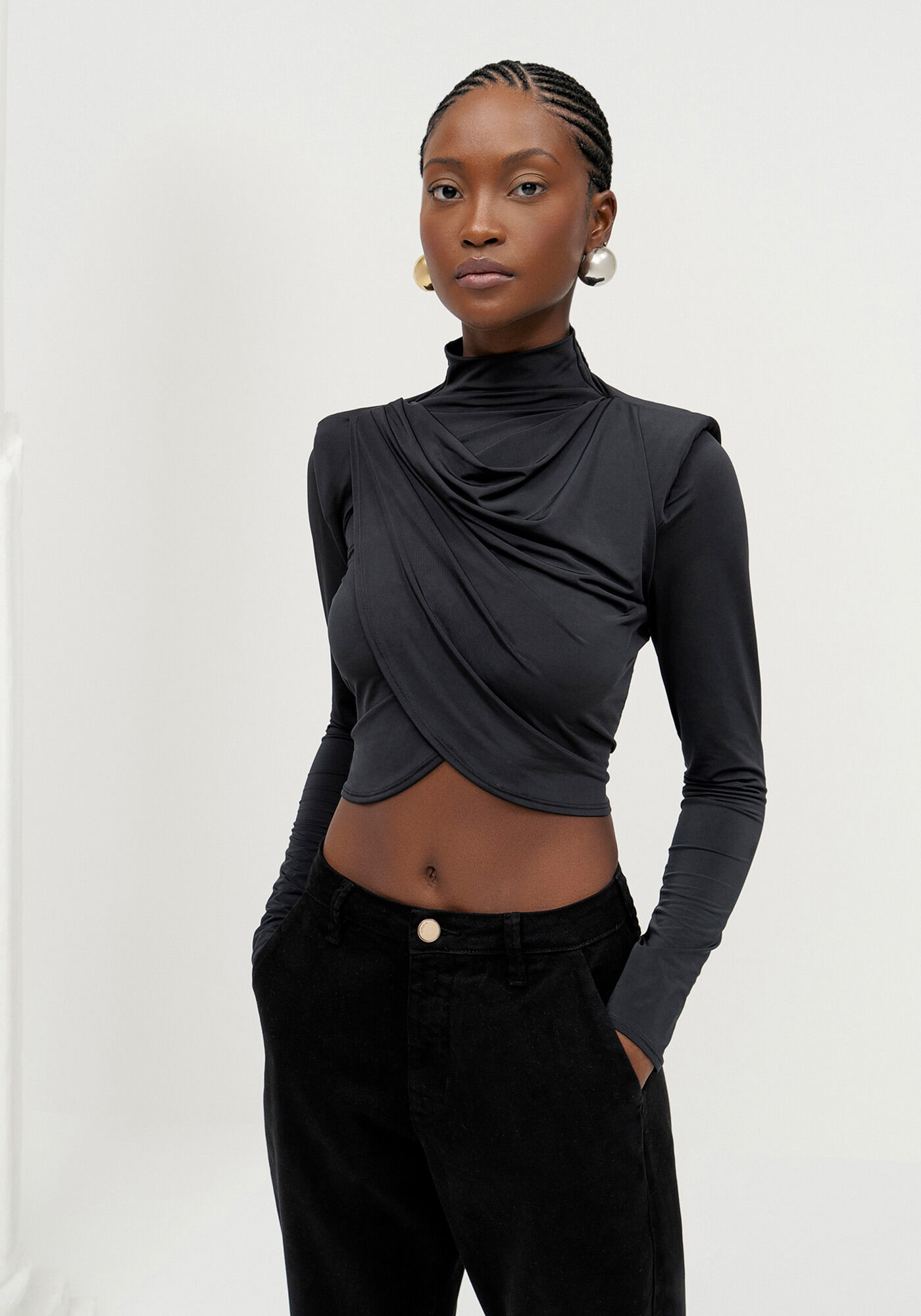 Blusa Cropped Manga Longa com Transpasse, , large.