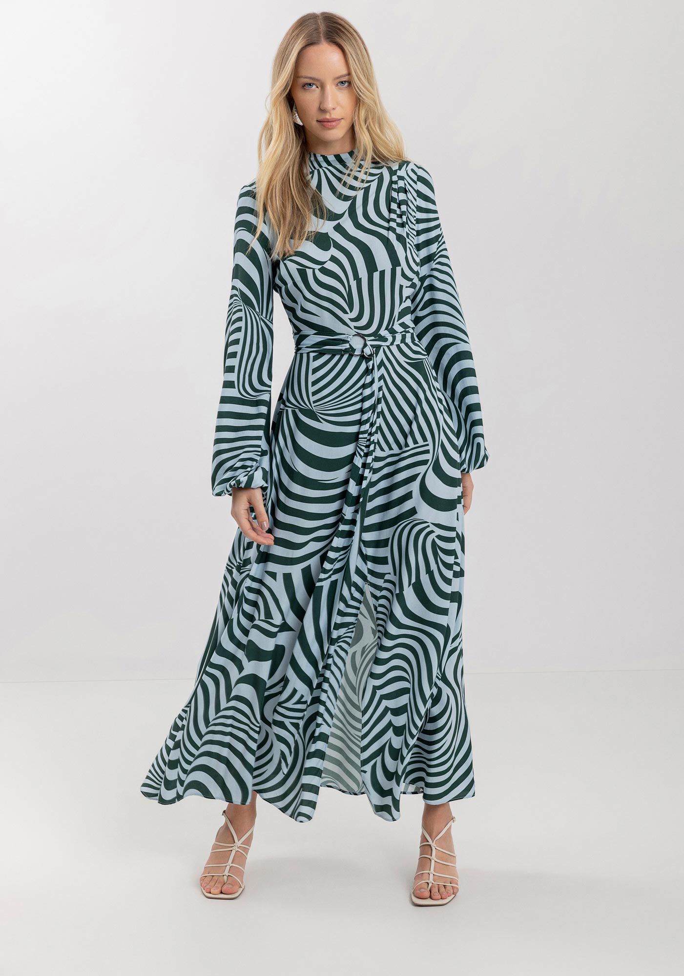 Vestido Midi Ch&aacute; Estampado Com Mangas Amplas E Faixa, , large.