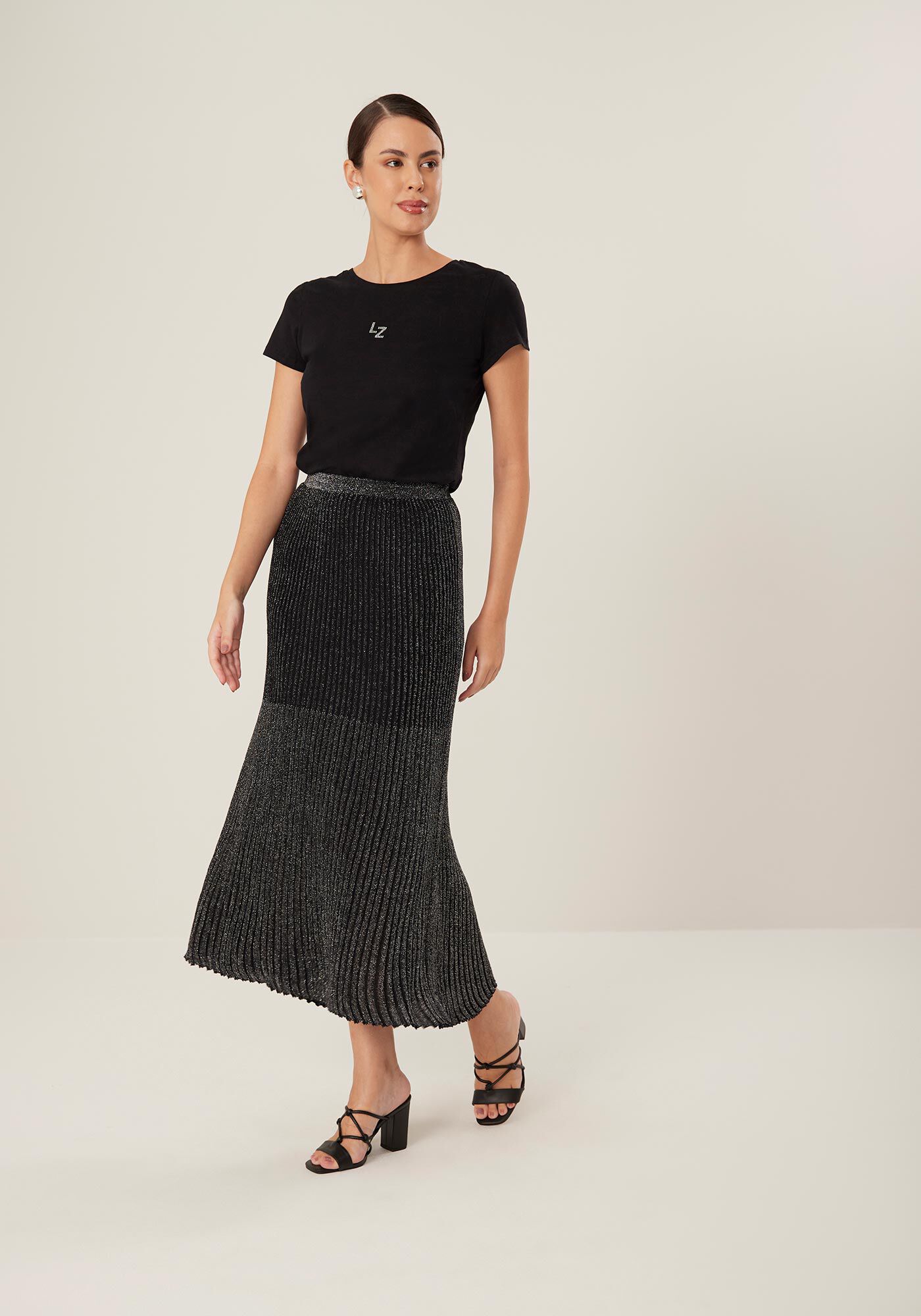 Saia Midi Ch&aacute; Em Tric&ocirc; Com Cintura M&eacute;dia E Fios De Lurex, , large.