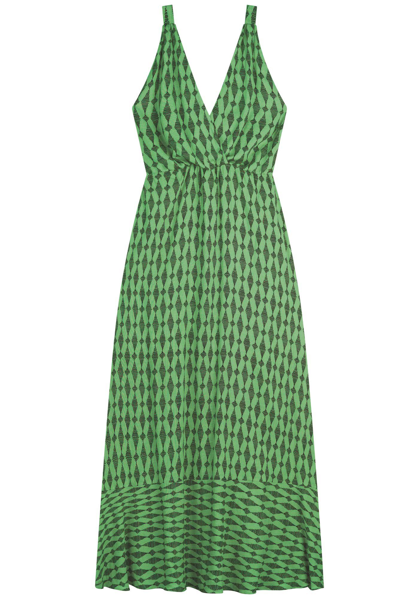 Vestido Longo Estampado Fluido Com El&aacute;stico Na Cintura, CORDOES VERDE, large.