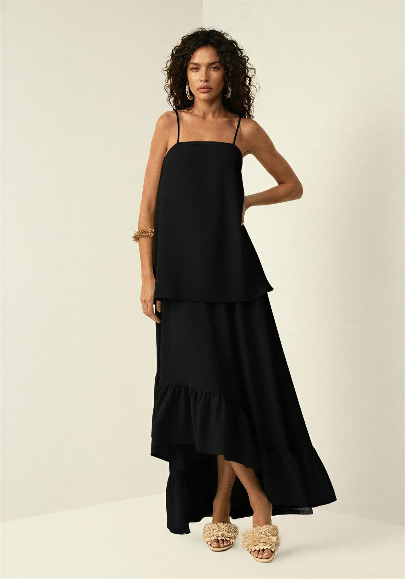 Vestido Longo Assim&eacute;trico Com Babados E Al&ccedil;as Finas, PRETO, large.