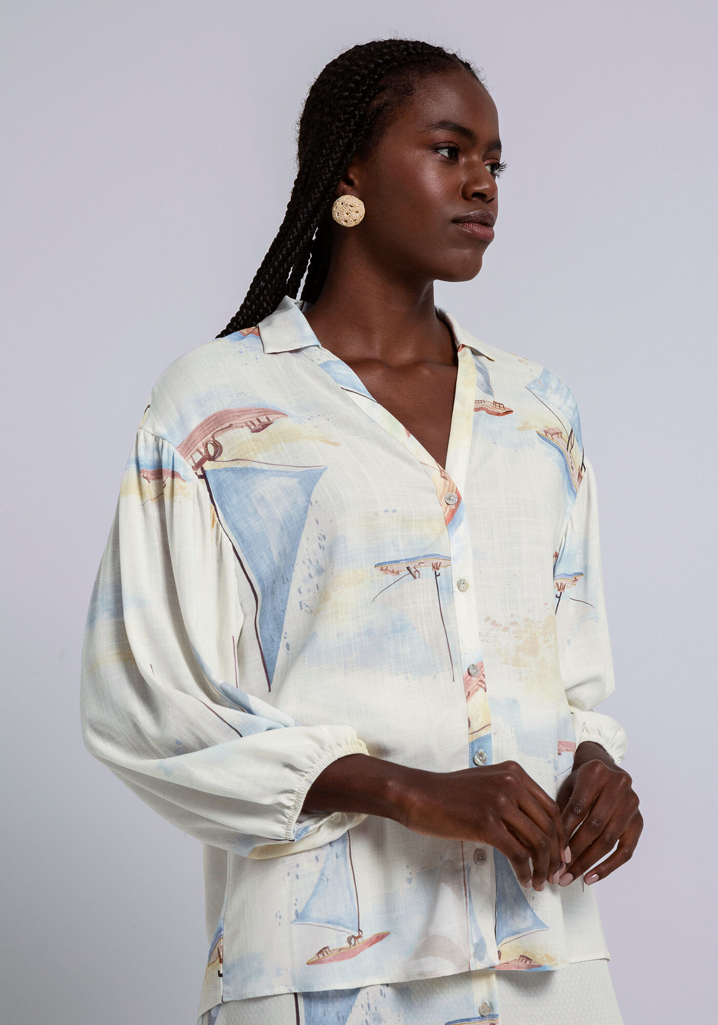 Camisa Manga 3/4 Bufante em Tecido Rayon Twill, MARACAIPE, large.