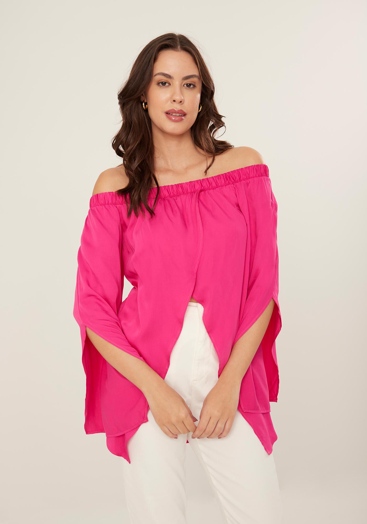 Blusa Ombro a Ombro Assim&eacute;trica com Pontas, , large.