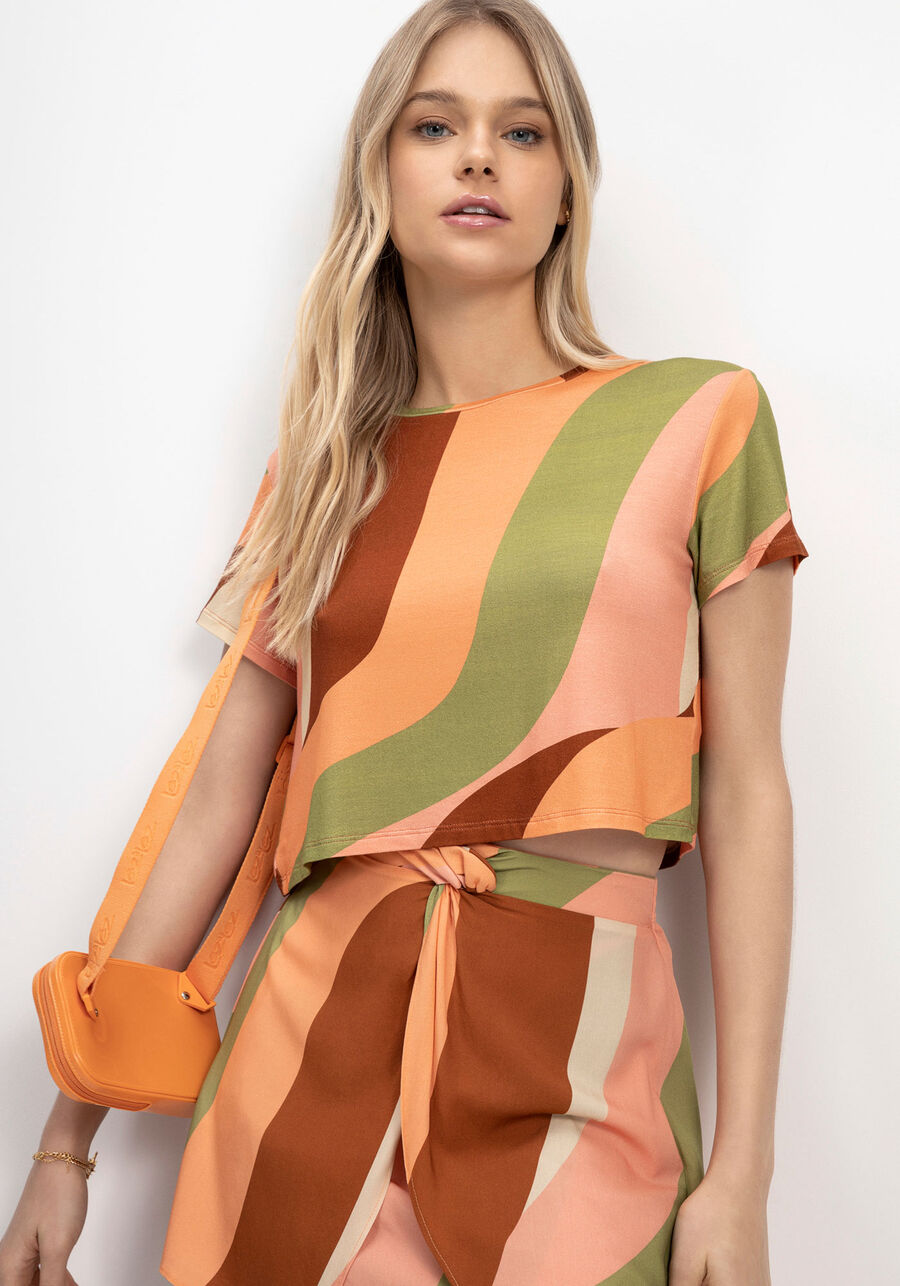 Saia Curta Estampada em Viscose com Torção, ARCO IRIS. Saia Curta Estampada em Viscose com Torção, ARCO IRIS, large.