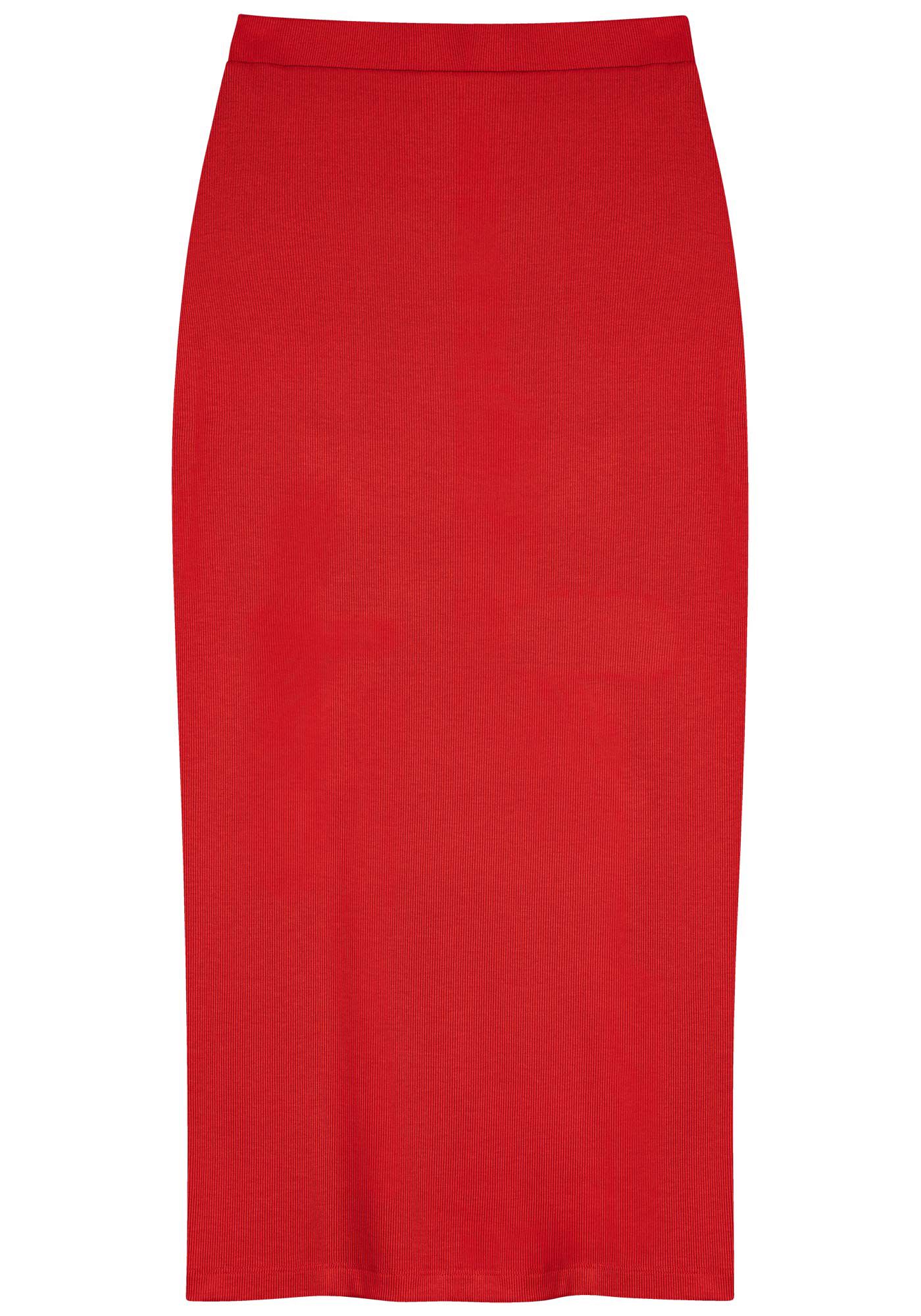 Saia Canelada Ch&aacute; De Cintura Alta Com Fenda Posterior, VERMELHO CLAIR, large.