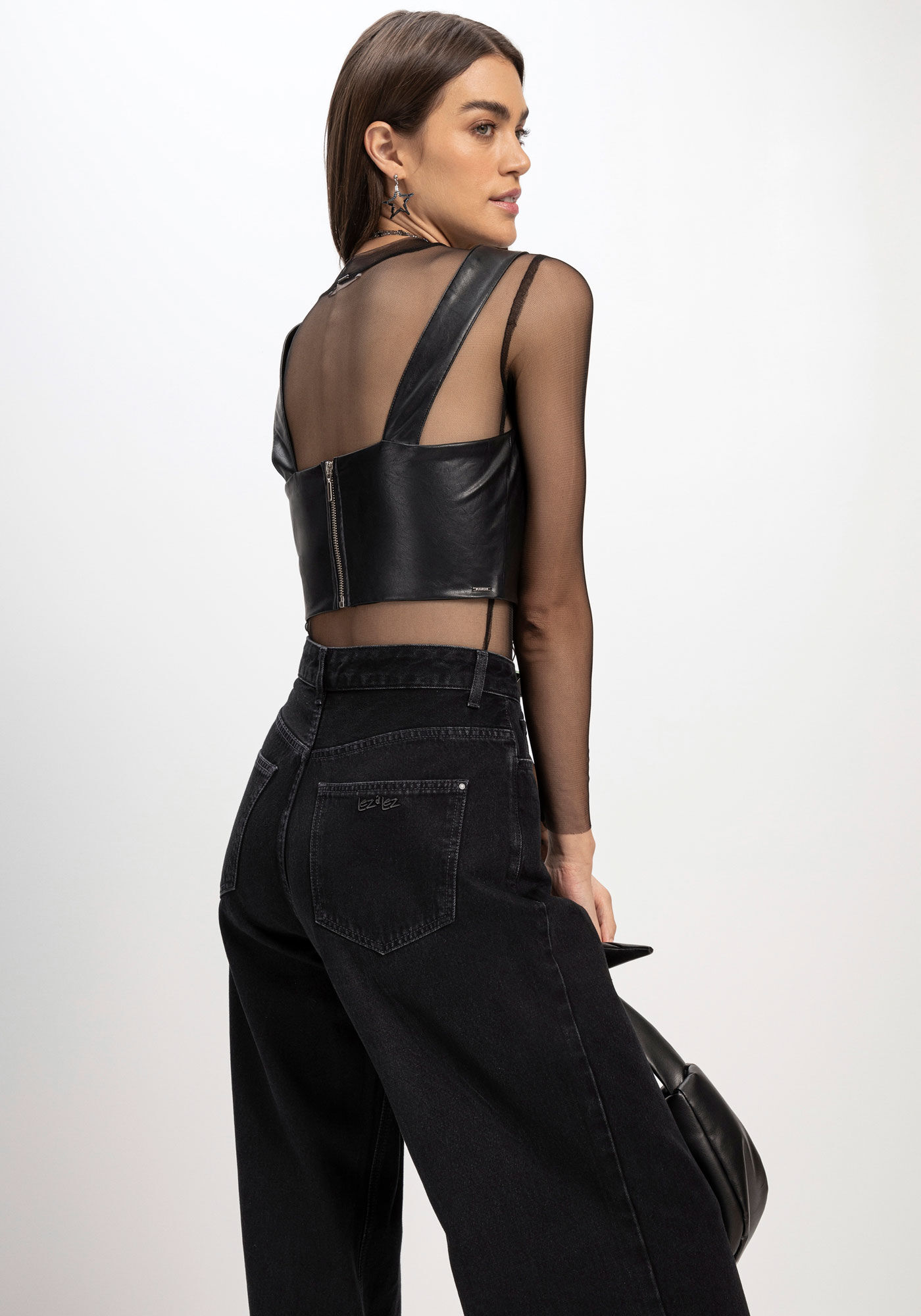 Blusa Cropped em PU com Recorte Busto, PRETO REATIVO, large.