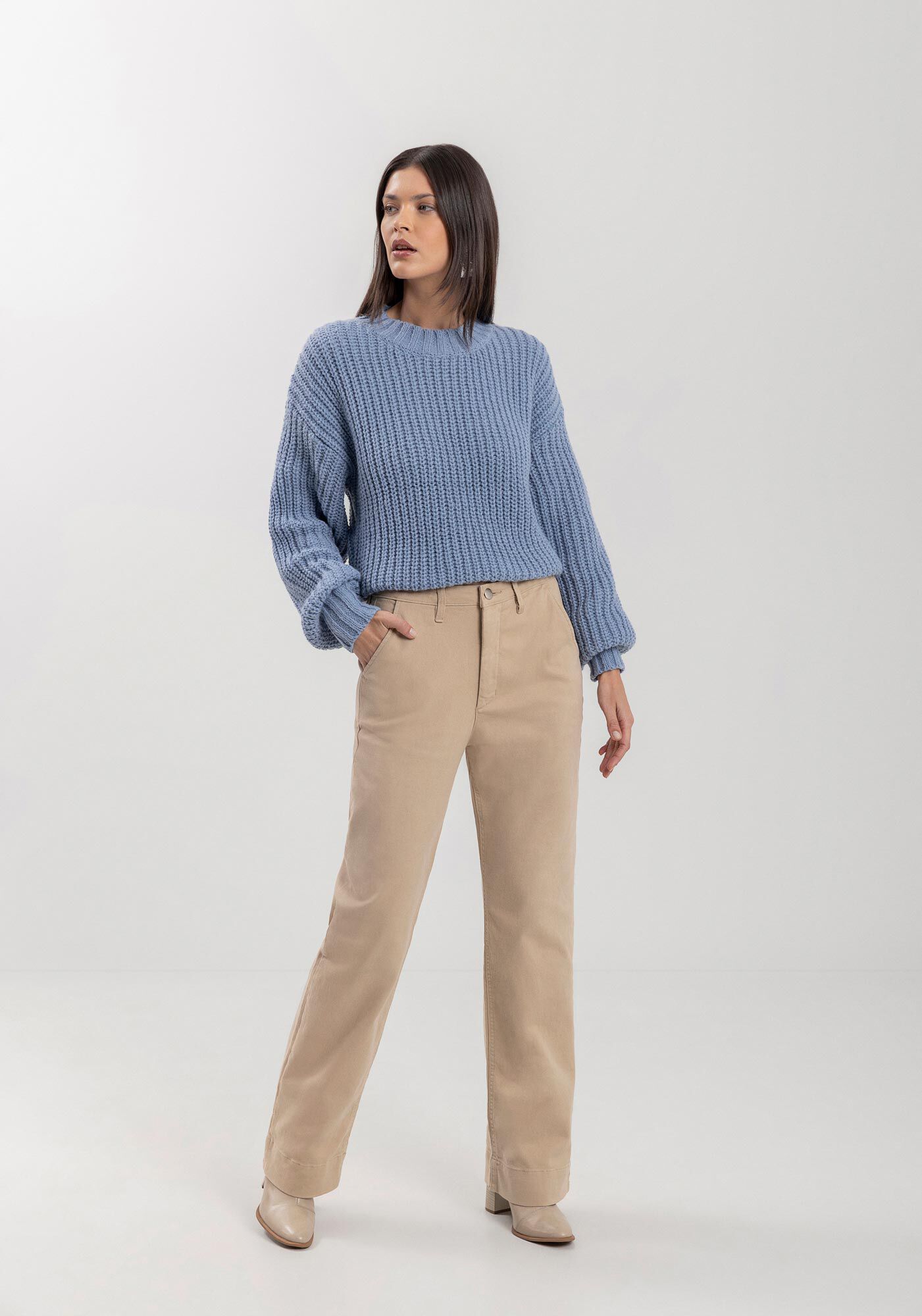 Cal&ccedil;a Reta Com Cintura Alta Em Sarja Com Elastano, , large.