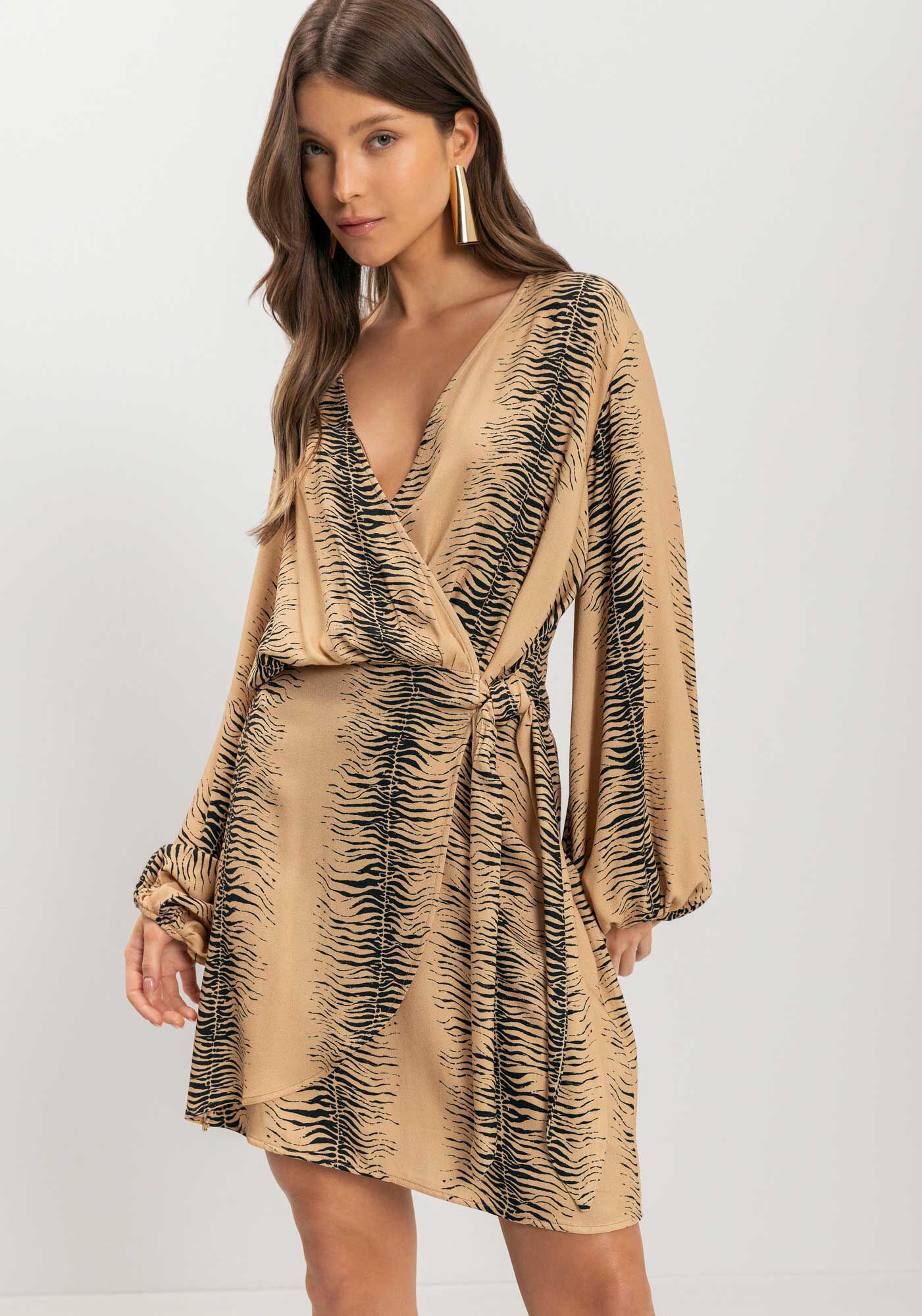 Vestido Estampado Transpassado Com Mangas Longas E Amarra&ccedil;&atilde;o, ZEBRA STRIPES VERDE, large.