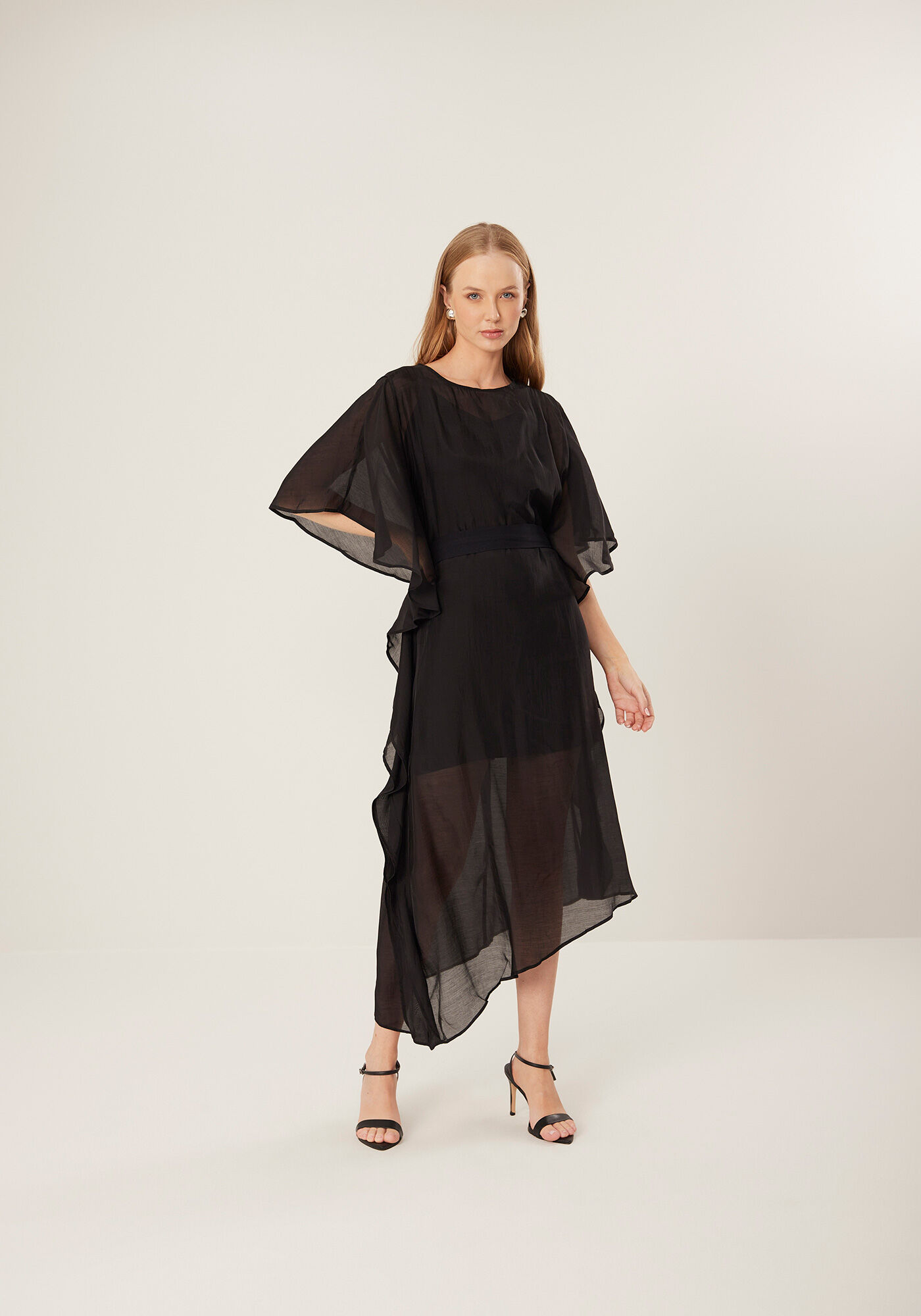 Vestido Midi Ch&aacute; Com Mangas Amplas E Transpar&ecirc;ncia, PRETO, large.