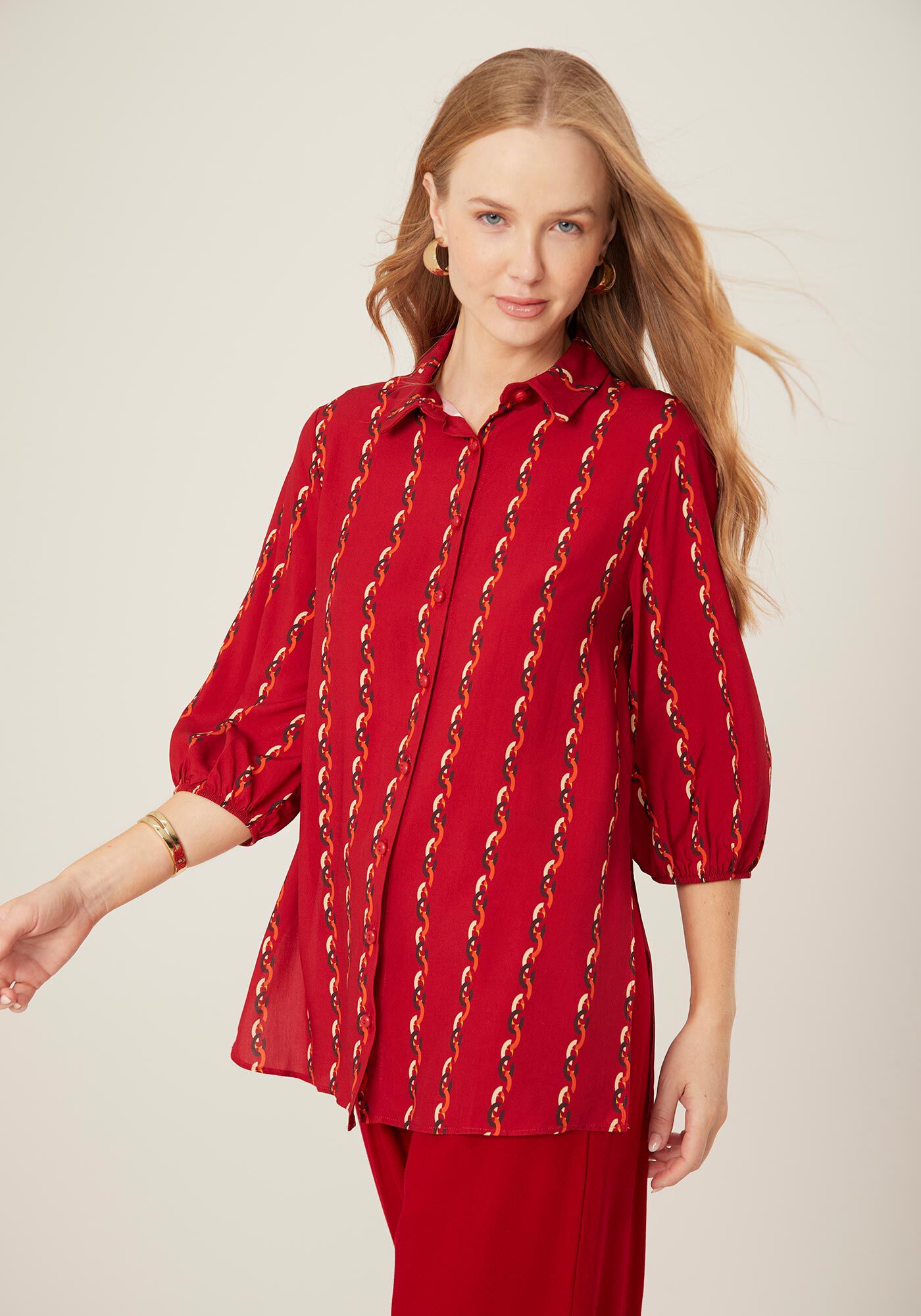 Camisa Estampada De Mangas M&eacute;dias Em Viscose Com Bot&otilde;es, , large.