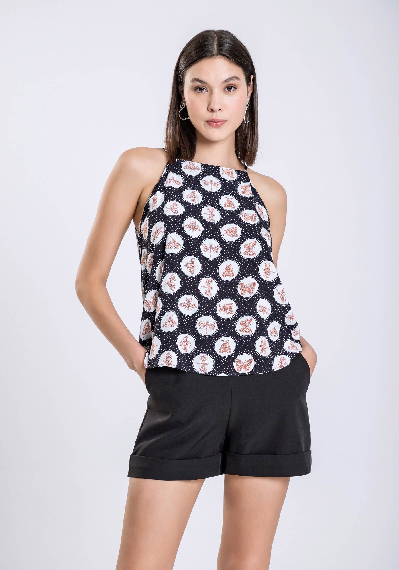 Blusa com Al&ccedil;as em Viscose Estampada, , large.