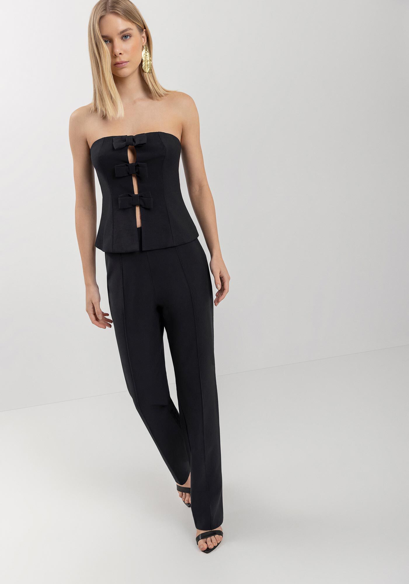 Cal&ccedil;a Reta Em Bengaline Com Cintura Alta E Nervuras, PRETO, large.