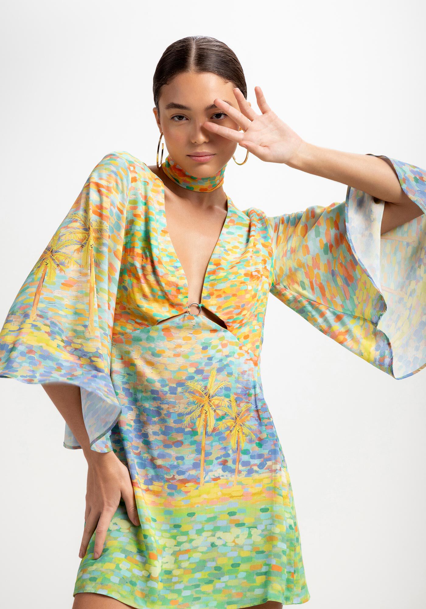 Vestido Curto em Viscose com Manga 3/4 Sino, ALLA PRIMA, large.