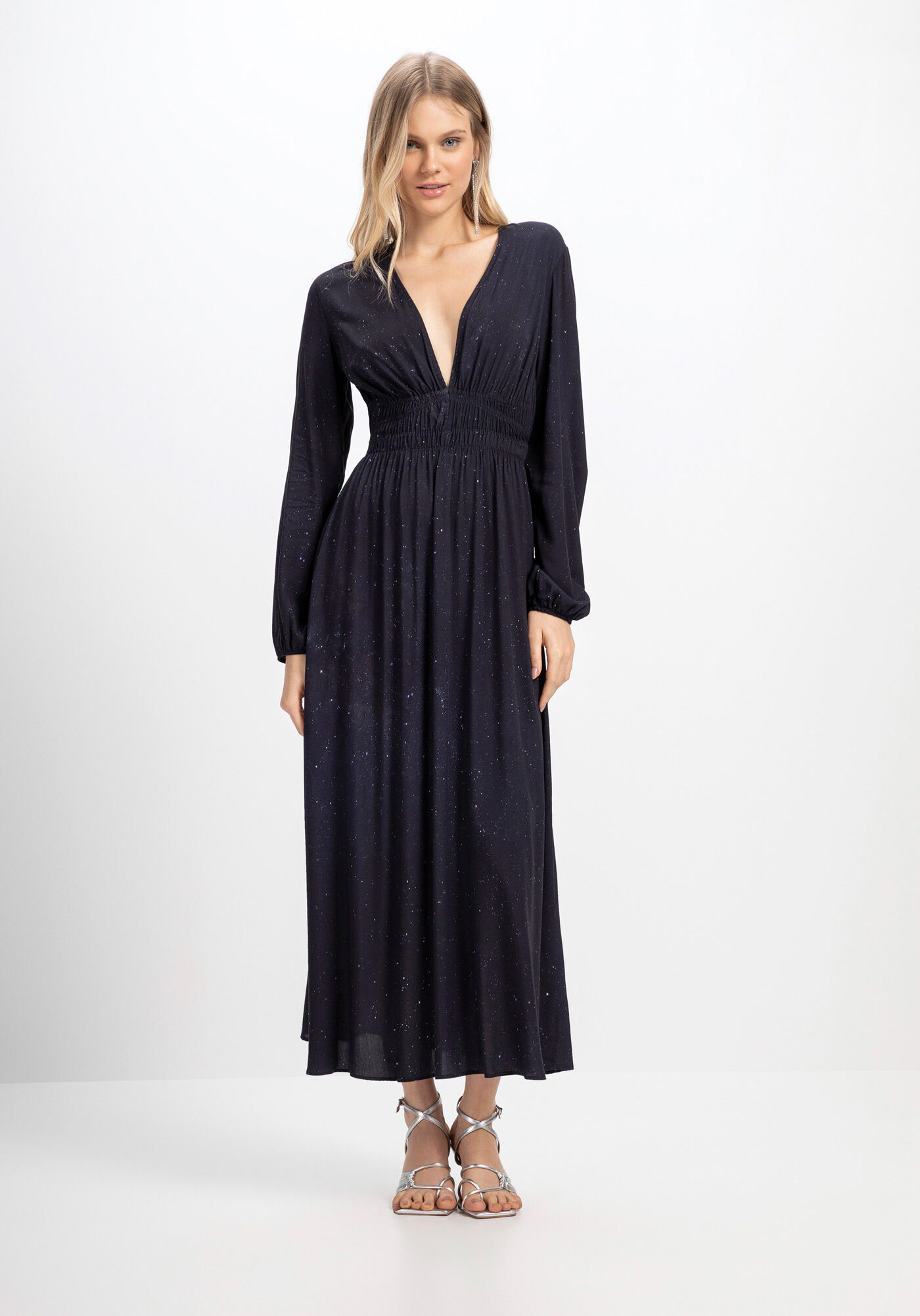 Vestido Midi Manga Longa em Viscose com El&aacute;stico, , large.