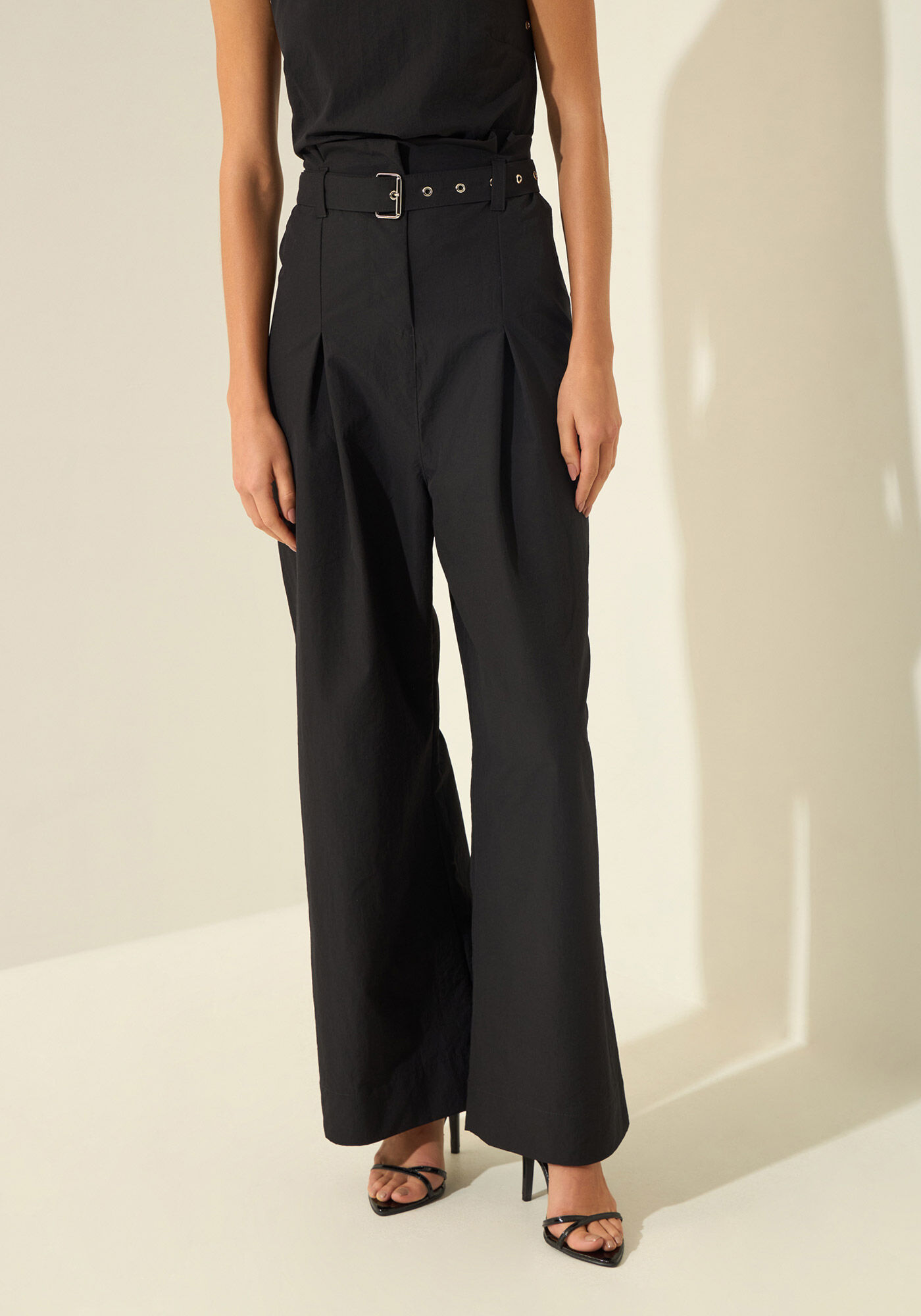 Cal&ccedil;a Reta Com Cintura Alta e Cinto Em Alfaiataria, PRETO, large.