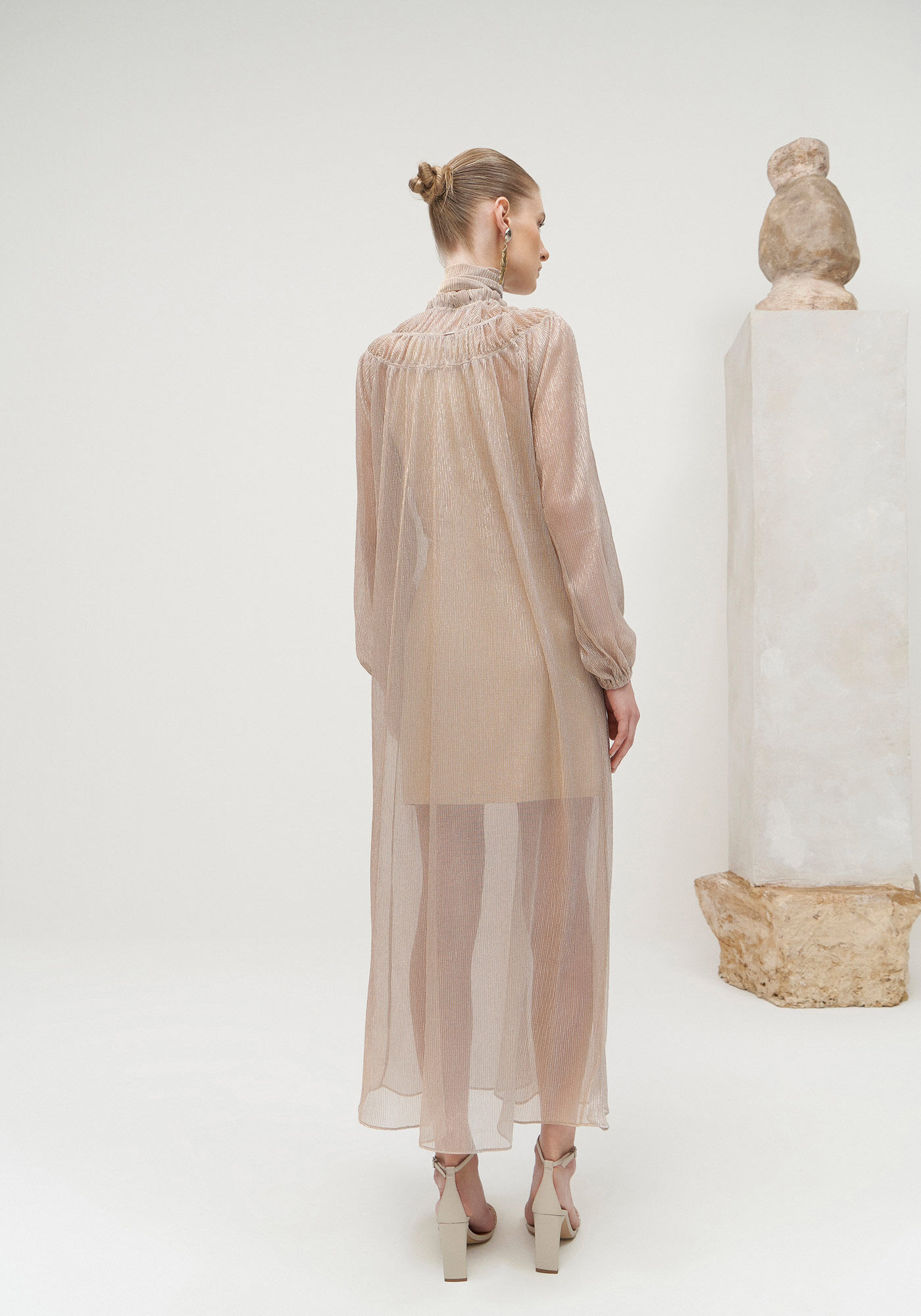 Vestido Midi Manga Longa em Tule Lurex com Cinto, , large.