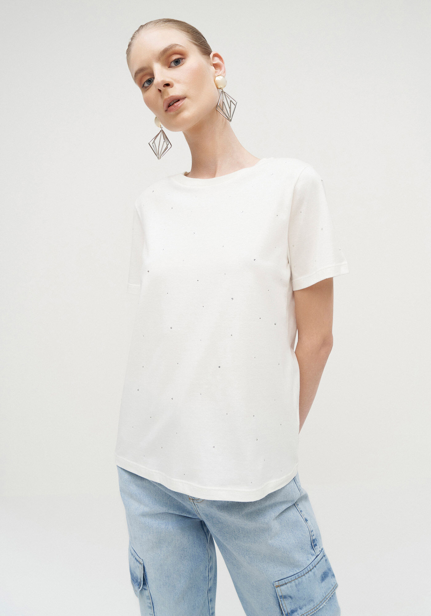 T-shirt em Malha com Strass, BRANCO OFF WHITE, large.