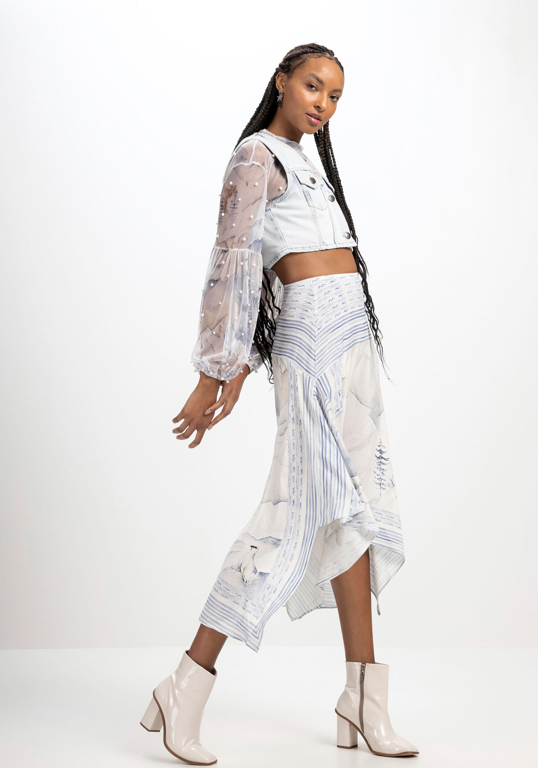 Saia Midi Estampada em Viscose Assimétrica, . Saia Midi Estampada em Viscose Assimétrica, , large.