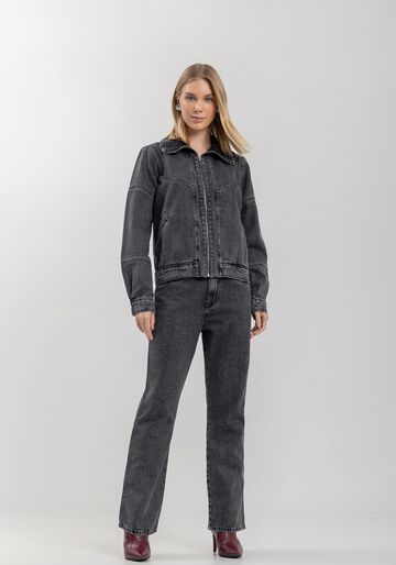 Jaqueta Jeans Estonada Com Bolsos Embutidos E Zíper Frontal, PRETO. Jaqueta Jeans Estonada Com Bolsos Embutidos E Zíper Frontal, PRETO, large.