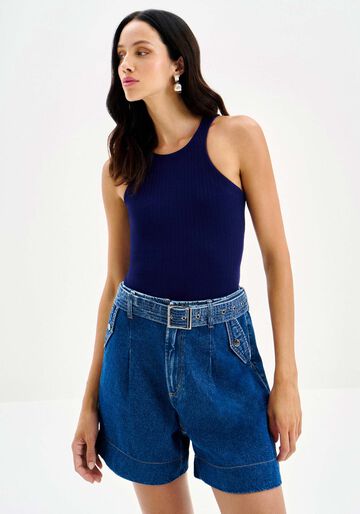 Shorts Jeans Baggy Alfaiataria com Cinto, JEANS. Shorts Jeans Baggy Alfaiataria com Cinto, JEANS, large.