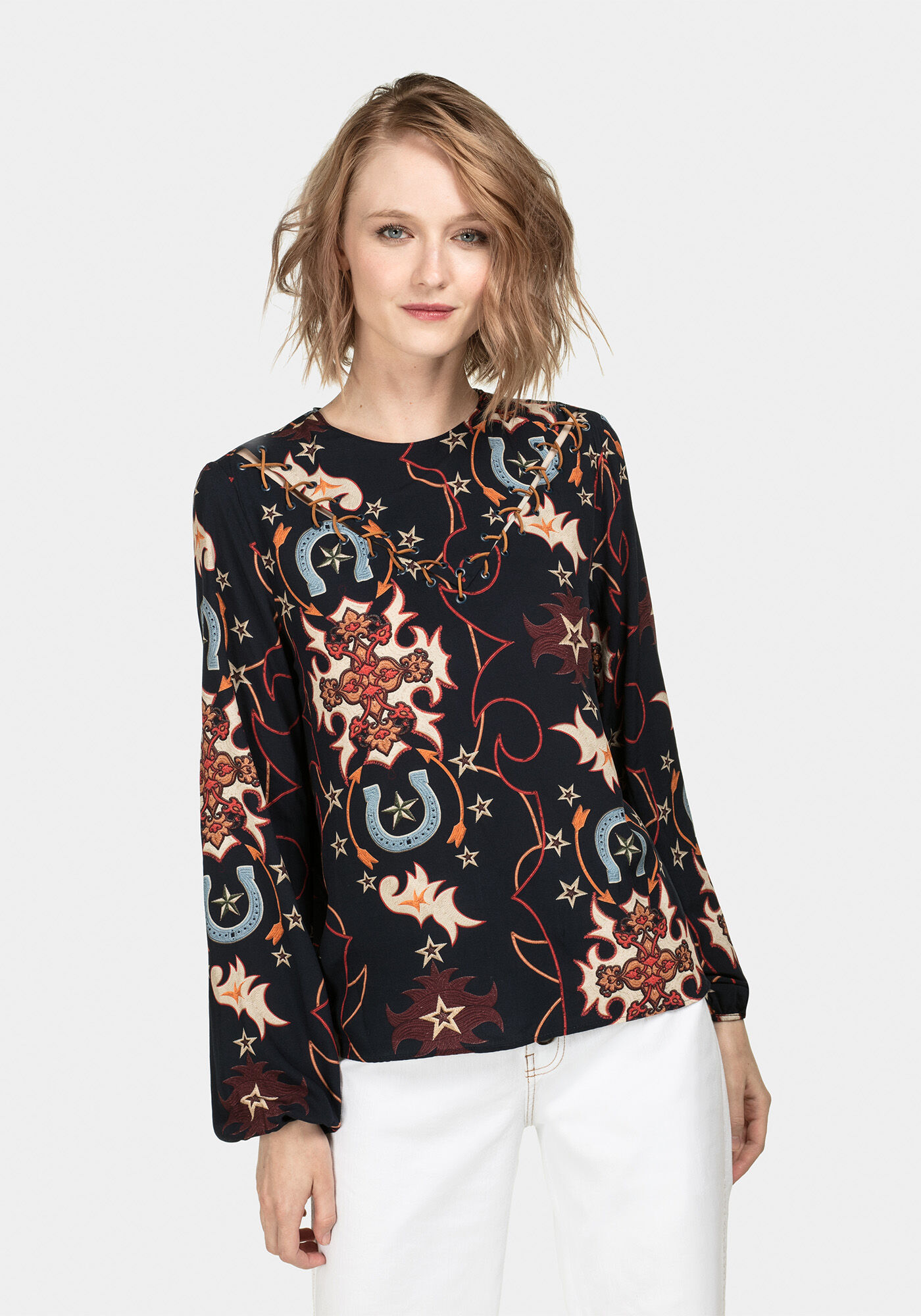 Blusa Manga Longa Estampada Tecido, , large.