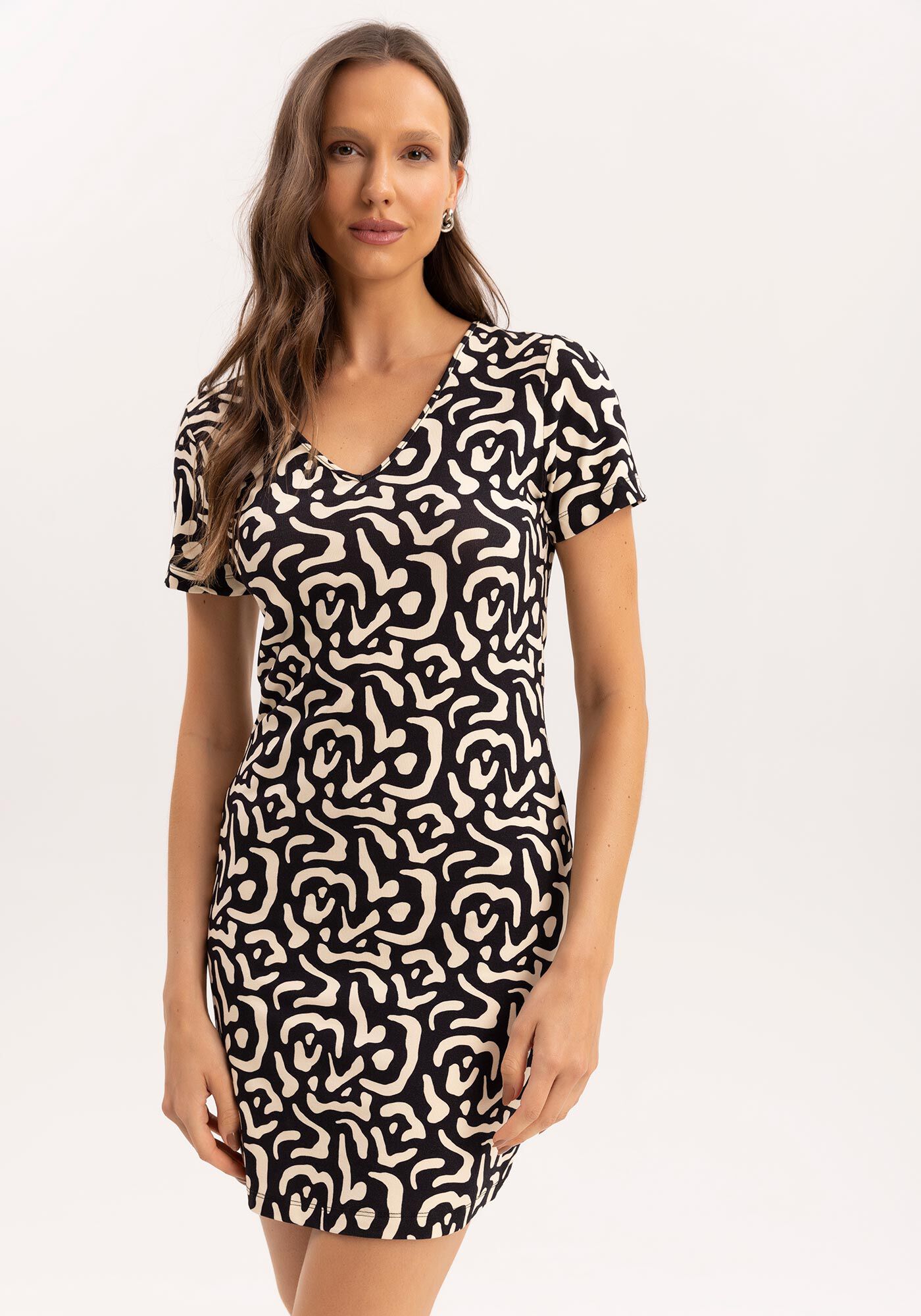 Vestido Curto Estampado em Malha com Decote V, , large.