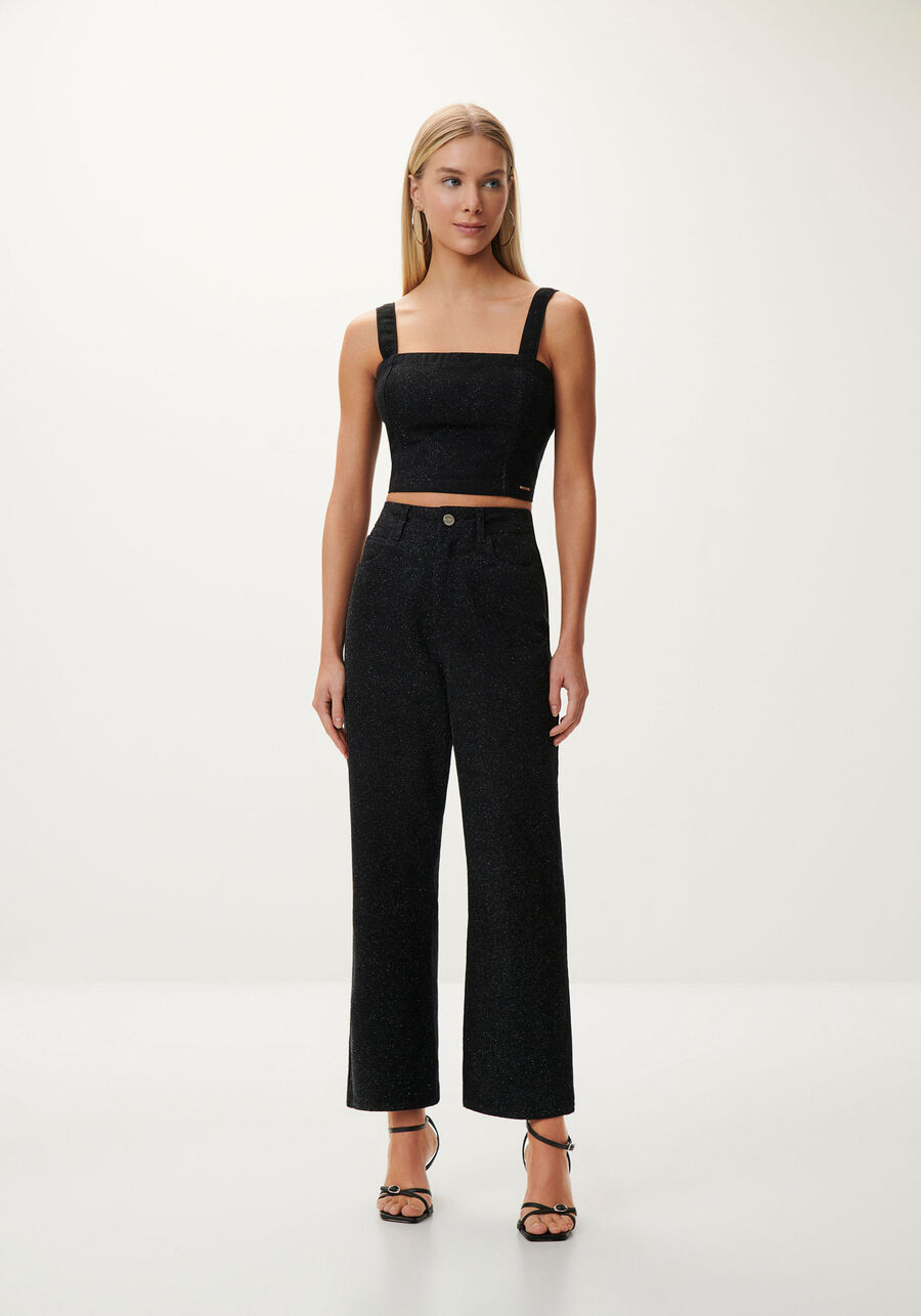Blusa Jeans Cropped Preta com Glitter, PRETO REATIVO. Blusa Jeans Cropped Preta com Glitter, PRETO REATIVO, large.